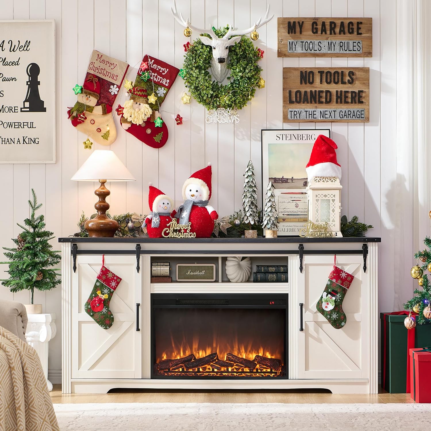 JXQTLINGMU Farmhouse Fireplace TV Stand for 80 Inch TV, 32