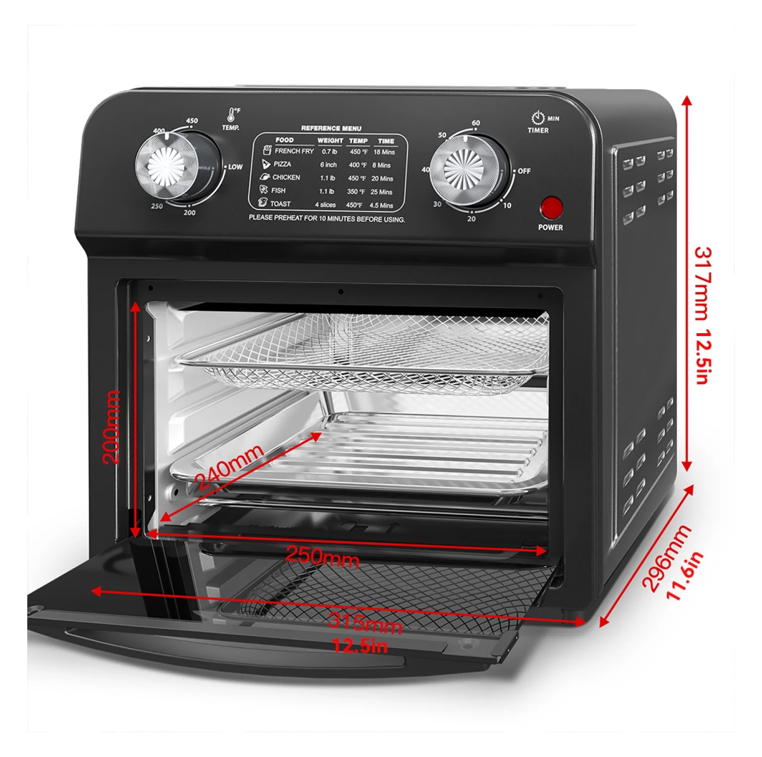 12.5 Quart 7-in-1 Convection Toaster Oven, 1500W, 5 Pre-set Menus, Roast, Bake, Grill, Broil, Toast, Dehydrate, Defrost, Stainless Steel, Black