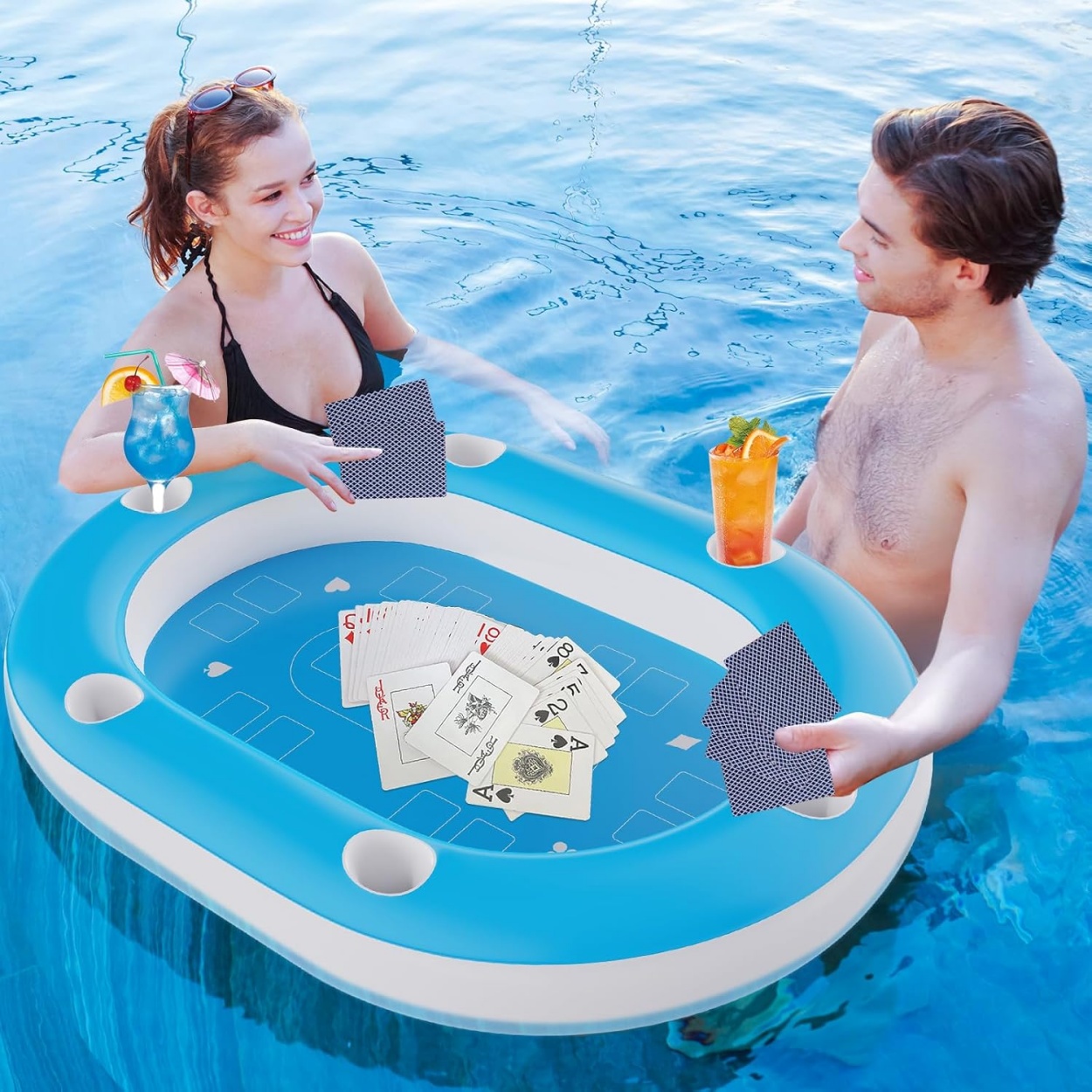 Extra Large Floating Games Table with Waterproof Playing Cards, Inflatable Pool Bar for Adults,Inflatable Food Drink Holder