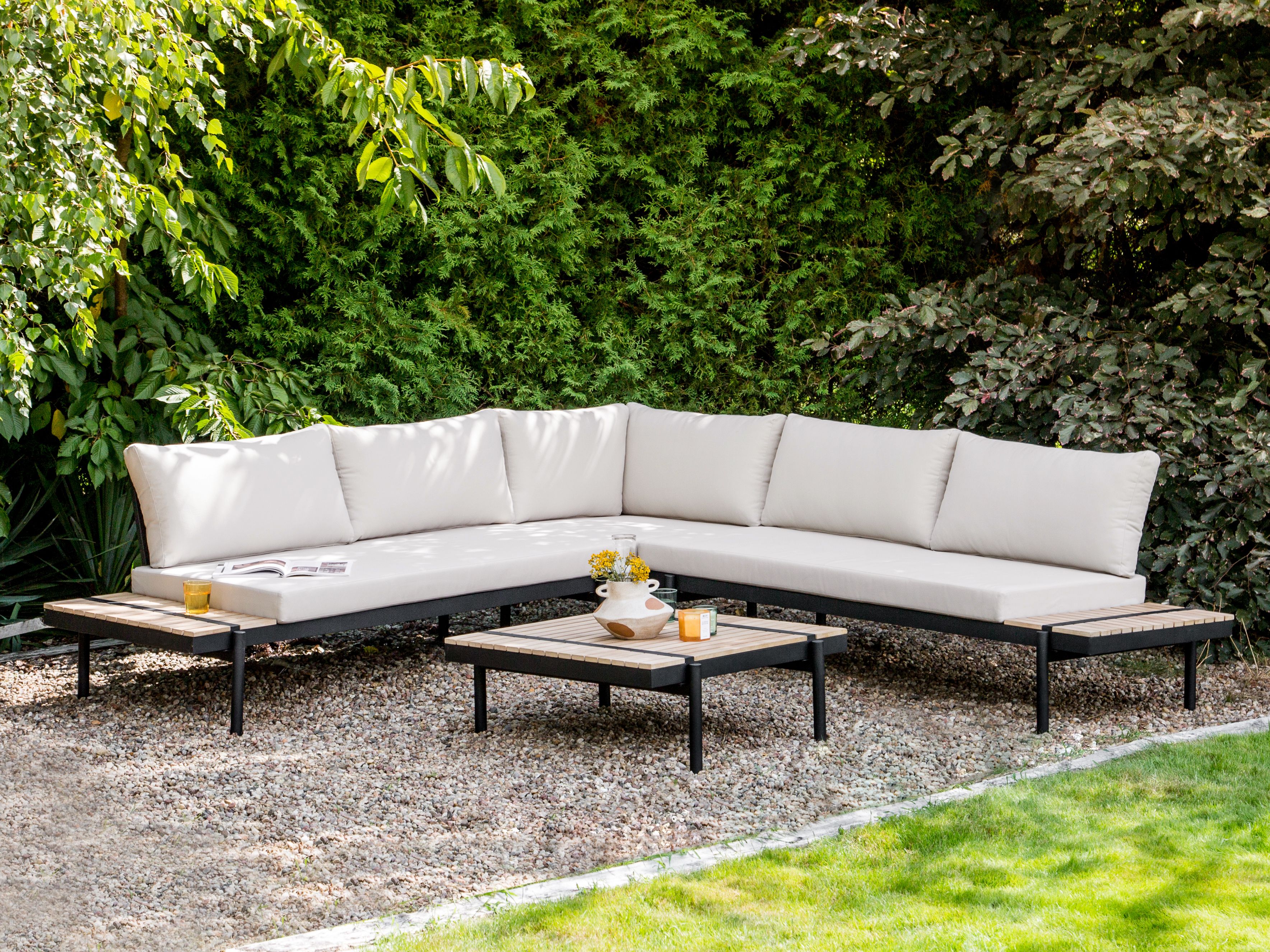 Garden Corner Sofa with Table 5 Seater BELLARIVA Eucalyptus Wood Off-White