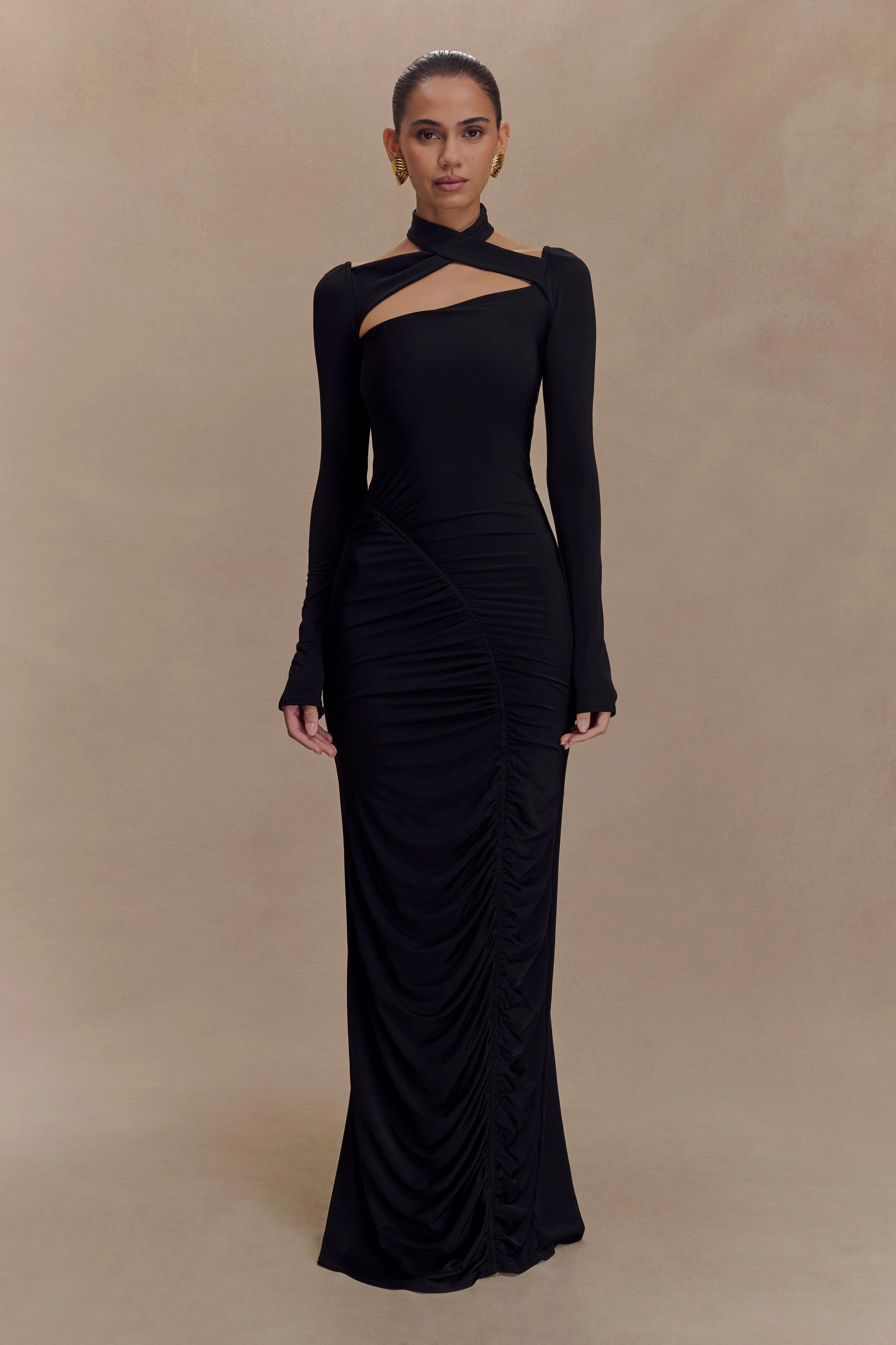Lyndon Long Sleeve Slinky Maxi Dress - Black