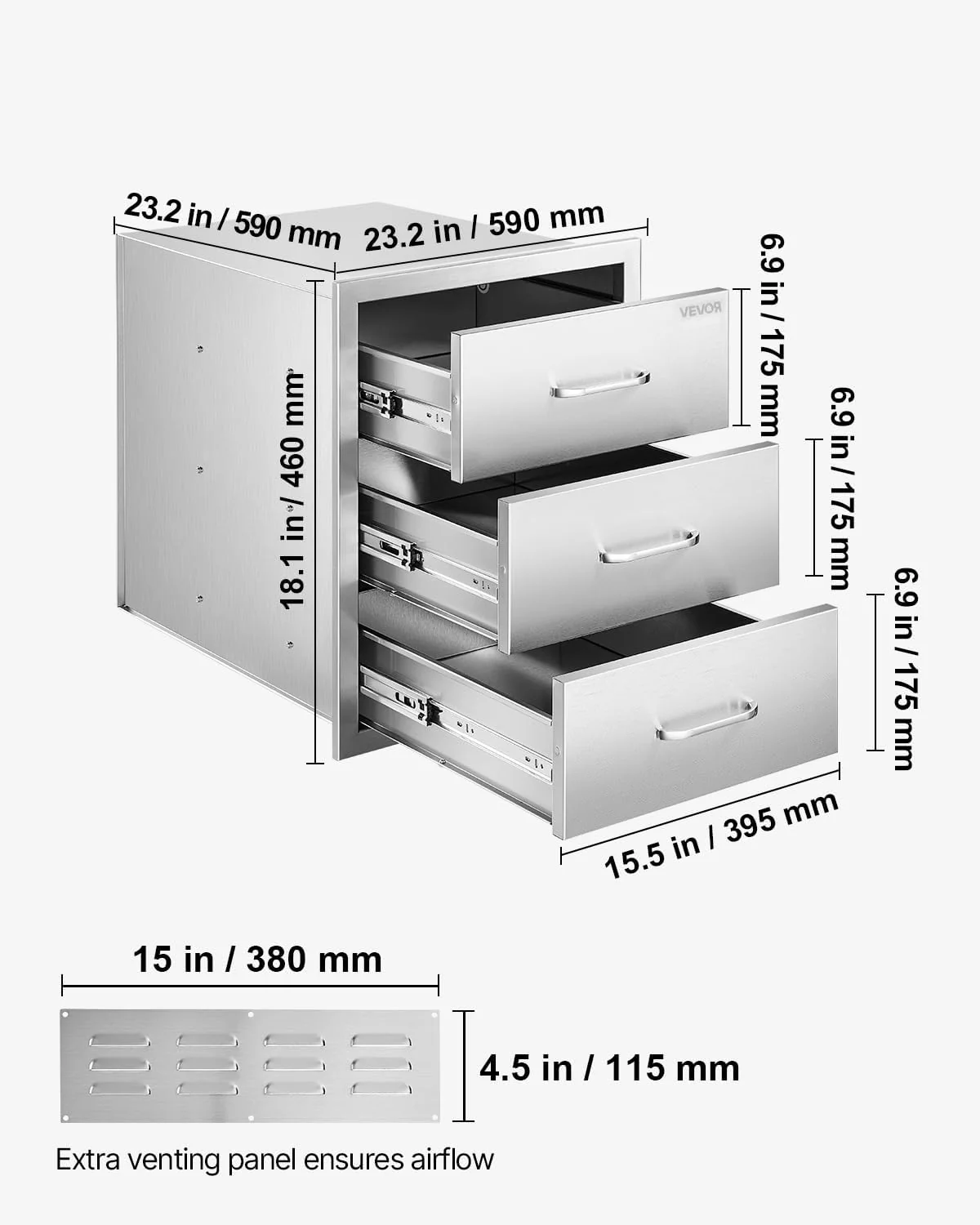 VEVOR Outdoor Kitchen Drawer Cabinet, Stainless Steel, 18.11 inch W x 23.23 inch D x 23.23 inch H, 3 Drawers - Image 3 VEVOR Outdoor Kitchen Drawer Cabinet, Stainless Steel, 18.11 inch W x 23.23 inch D x 23.23 inch H, 3 Drawers - Image 3