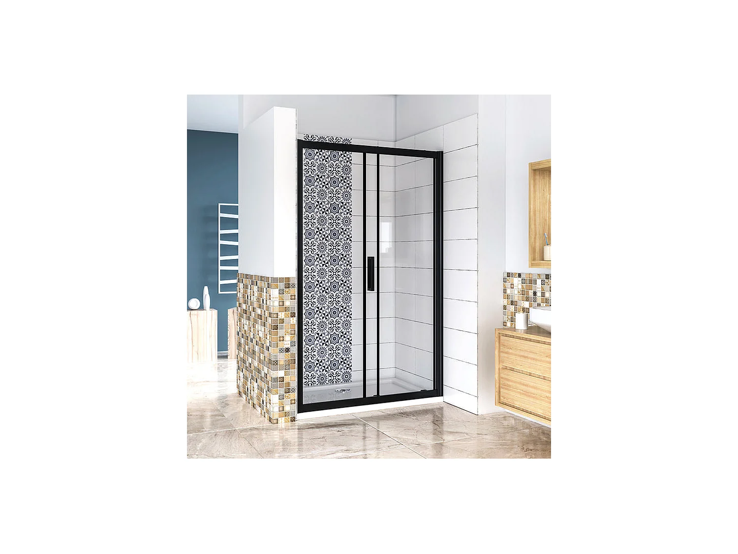 Porte de douche 110x195cm avec l'amortisseur - Noir Mat - Porte de douche coulissante en 8mm verre anticalcaire