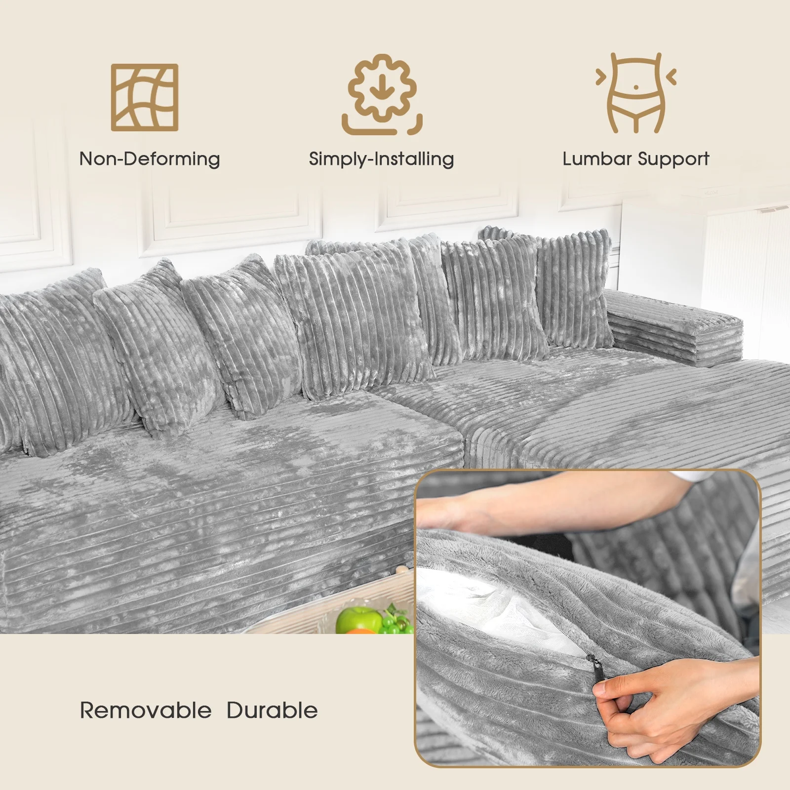 Advwin 110" Oversized L Shaped Sofa with Chaise, Comfy Plush 2-Piece L-Shaped Sectional Couches with 8 Pillows, Soft Fluffy Upholstered Sofa Bed for Living Room Apartment Bedroom, Light Gray - Image 14