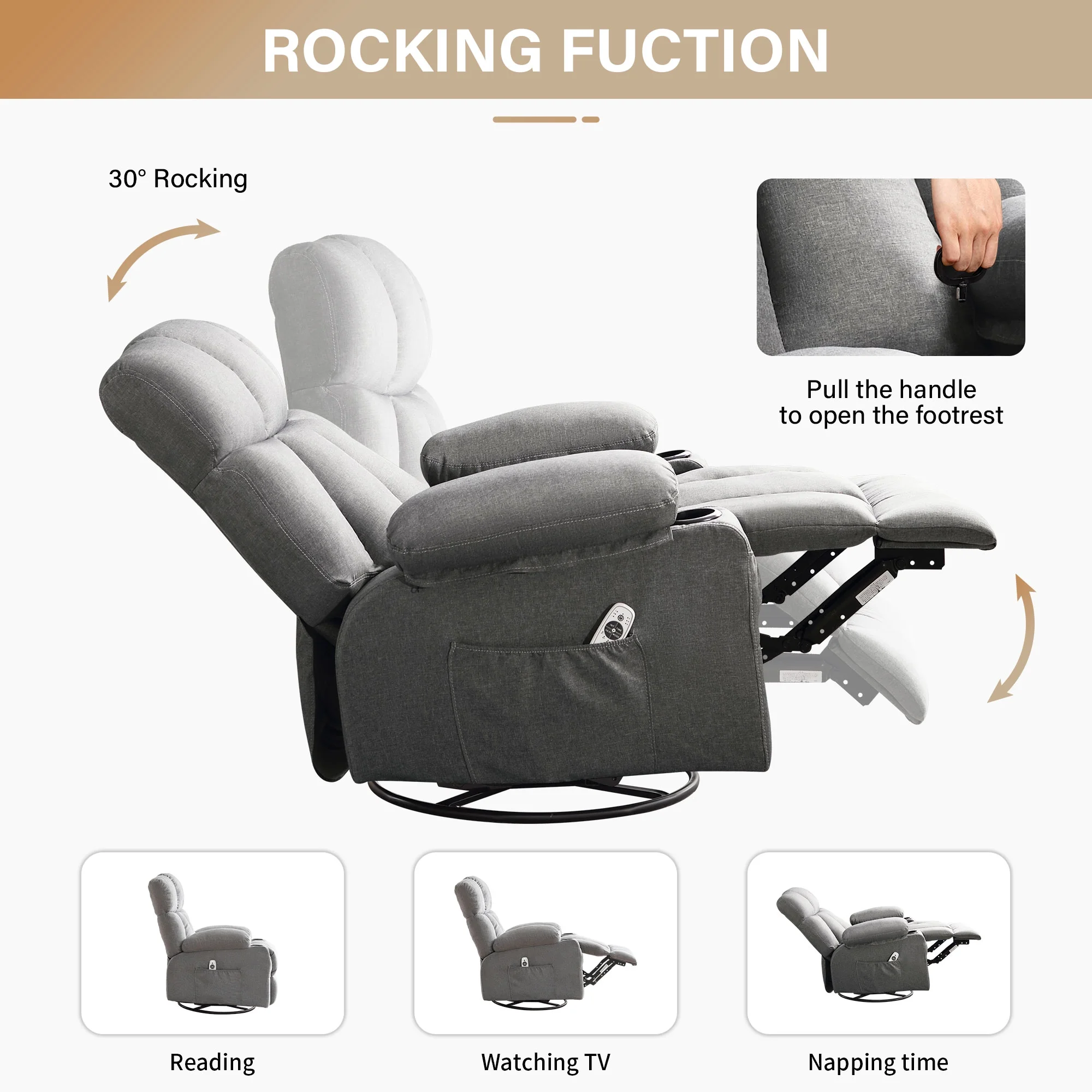JONPONY Manual Recliner Chair with Heat Therapy and Massage Function, Heavy Duty Reclining Mechanism Massage Chair, Elderly Single Rocker Sofa with Cup Holders for Bedroom Home Theater,Grey - Image 48