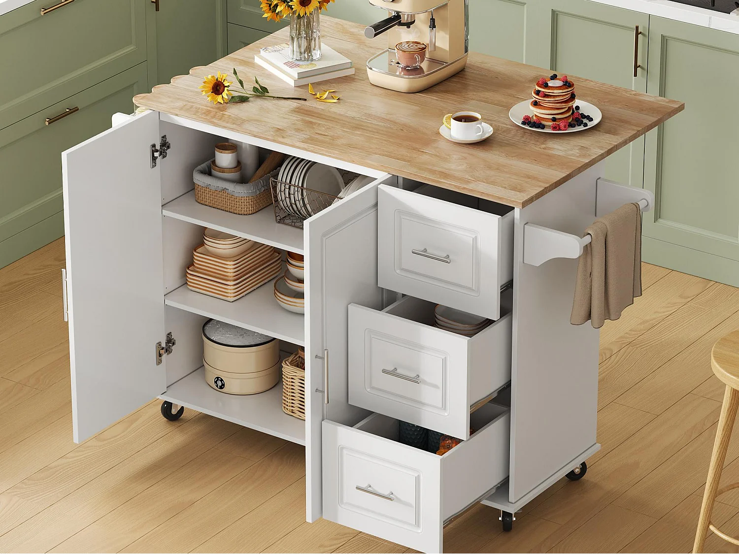 Ilot central de cuisine mobile - plateau extensible - avec porte-serviettes - avec roulettes - avec 3 tiroirs et 2 portes - MDF - Blanc