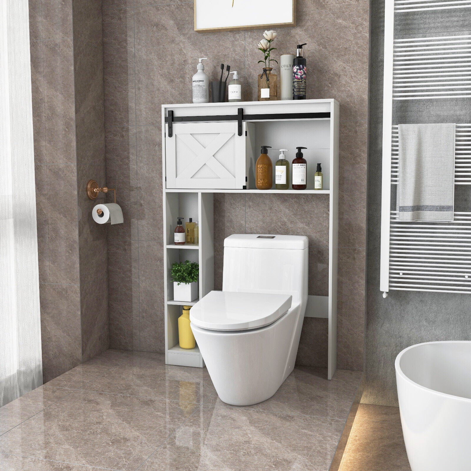 FONIRRA Over The Toilet Storage Cabinet with Sliding Barn Door Storage Shelves, Toilet Bathroom Organizer for Restroom Laundry, White