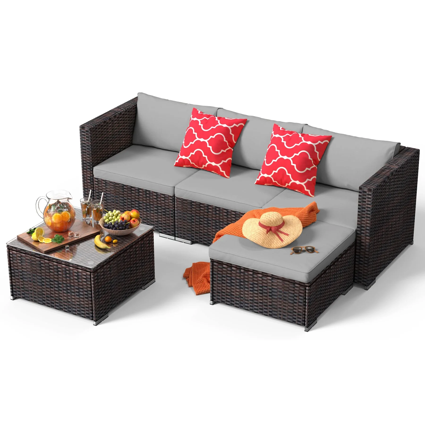 Patio Furniture Set Clearance, Lofka 5 Pieces Patio Conversation Set with Sofas and Tempered Glass Coffee Table for Outdoor Garden Gray - Image 5
