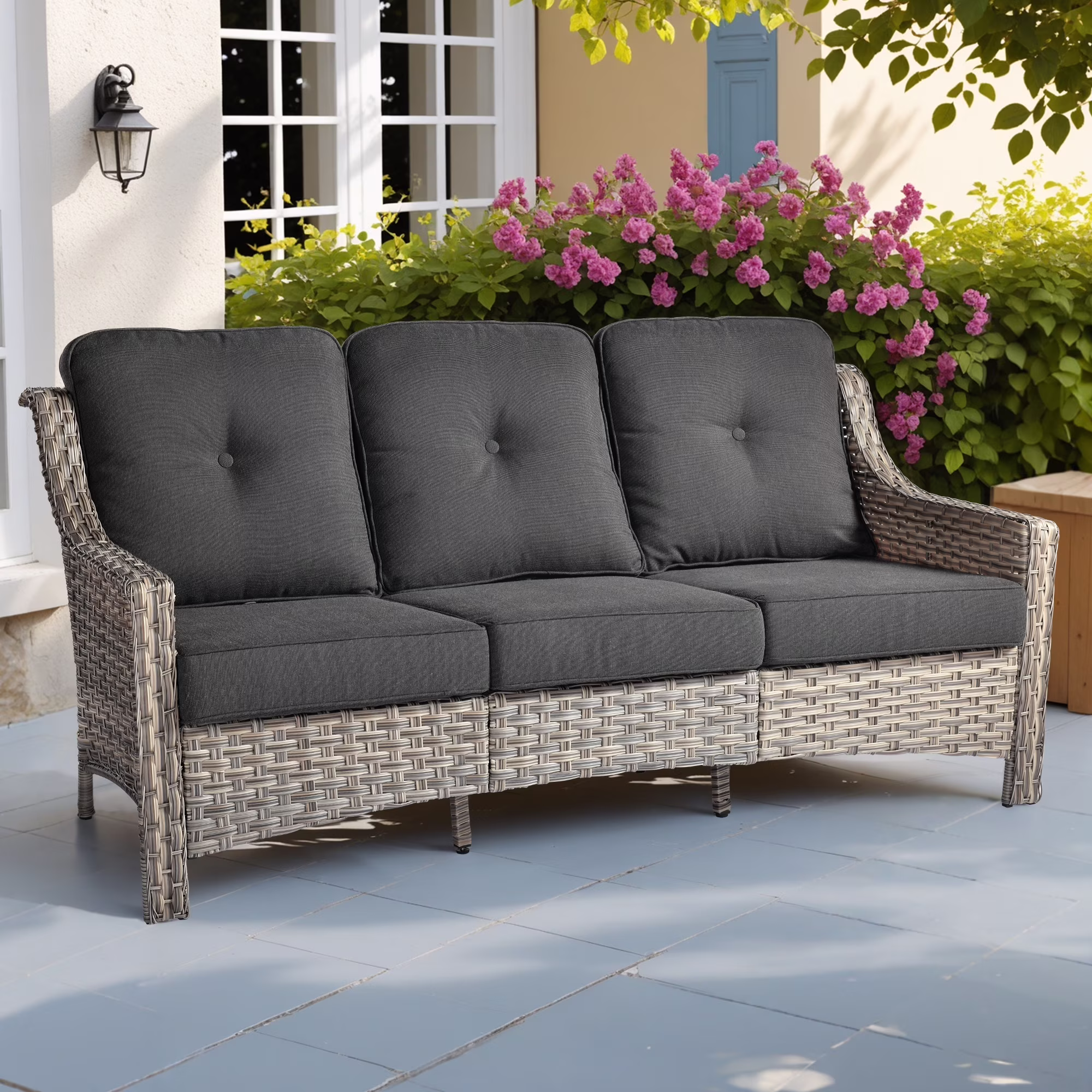 Ovios Outdoor Patio Sofa 3-Seater with Cushions All-Weather Wicker Rattan Couch for Garden, Porch, or Backyard - Image 5
