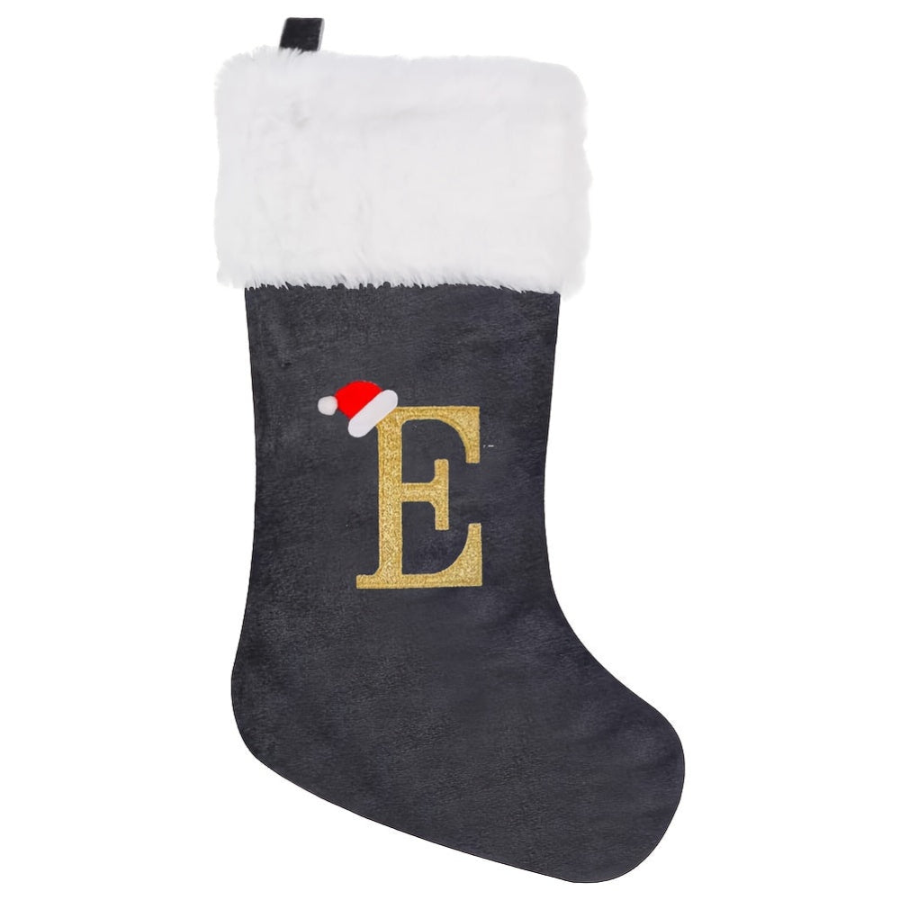 Gepersonaliseerde Fluwelen Kerstsok met Monogram – Modern Grijs Ontwerp