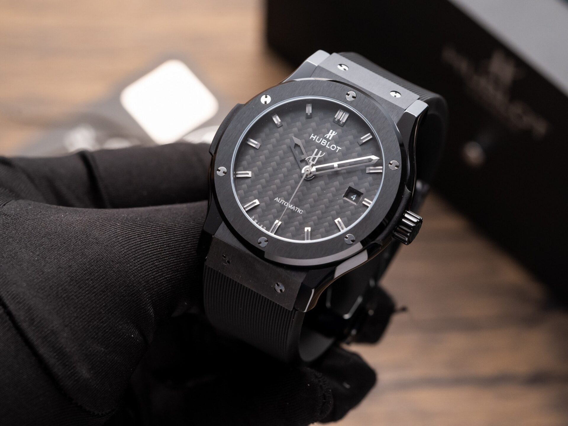 Hublot Classic Fusion Ceramic Carbon Dial Replica Watch Rubber Strap GSF 42mm - Elite Watch Atelier