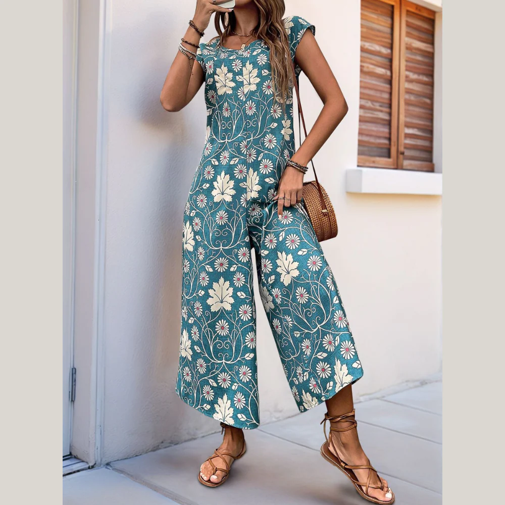 Perfee Printed Round Neck Cap Sleeve Wide Leg Jumpsuit - ZKZOOK