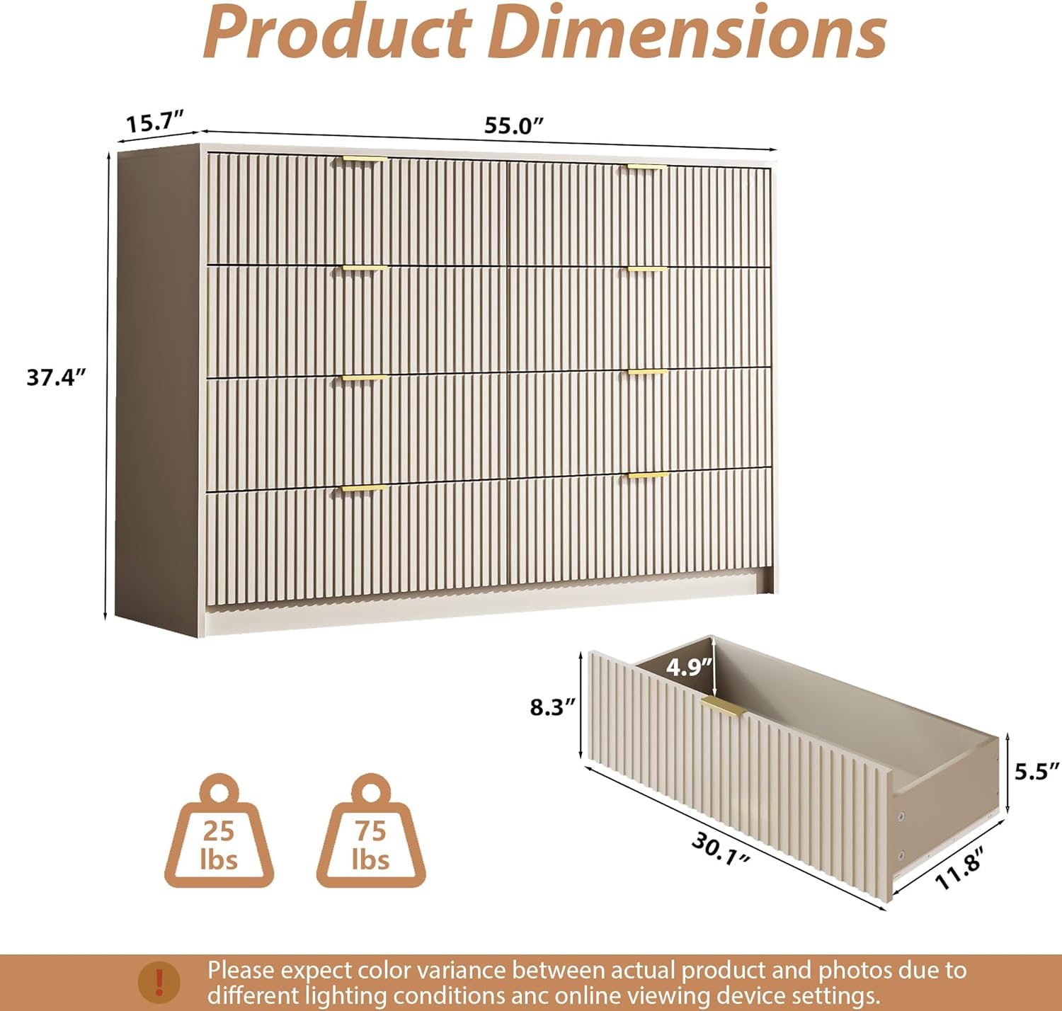 Beige Dresser for Bedroom, 8 Drawer Double Dresser, Modern Chest of Drawers for Bedroom, Living Room, Entryway and Closet, 55