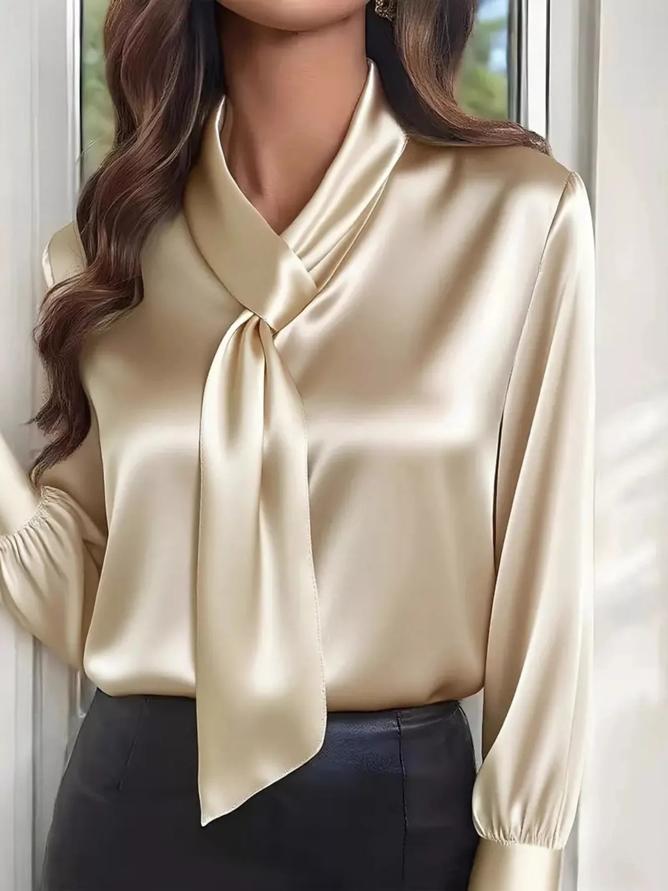 Satin Tie-Neck Long Sleeve Blouse - ZKZOOK