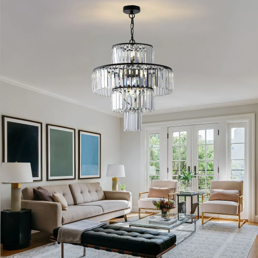 ACE-LIGHTS,19.7 Inch Modern Luxury Crystal Chandelier,Hanging Pendant Light Fixture for Living Room,Dining Room,Bedroom(Black)