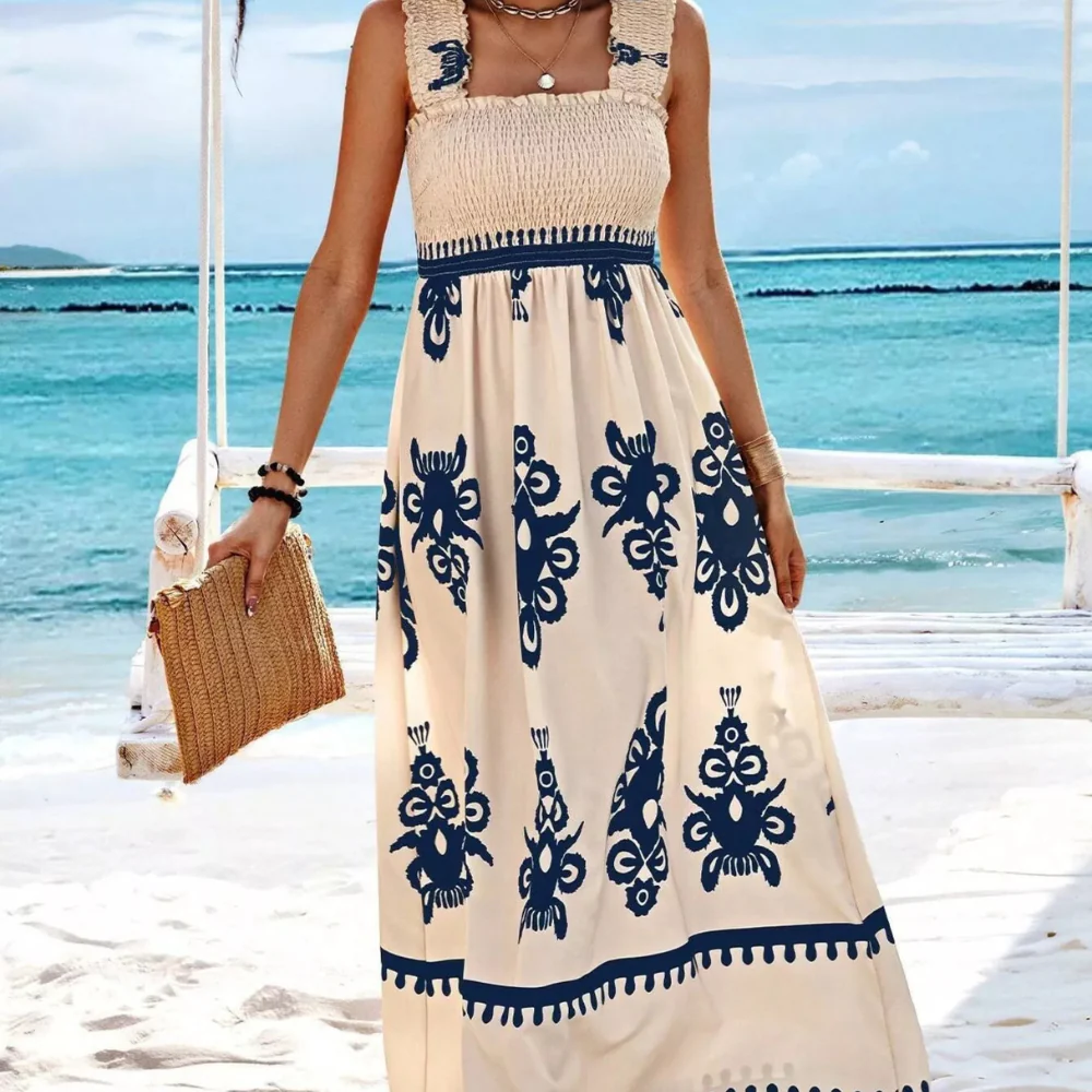 Smocked Printed Square Neck Maxi Dress - ZKZOOK