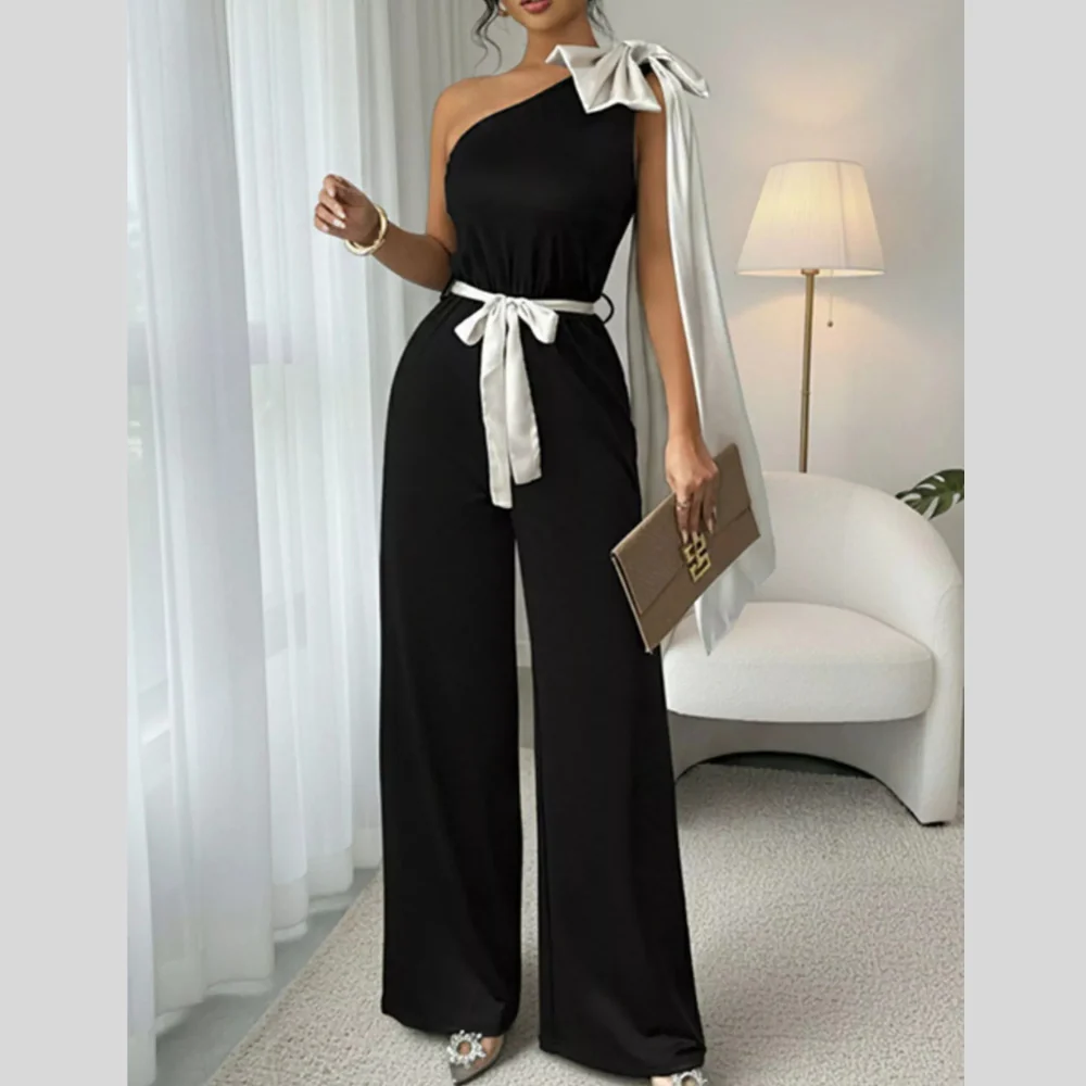 One-Shoulder Bowknot Wide Leg Jumpsuit - ZKZOOK