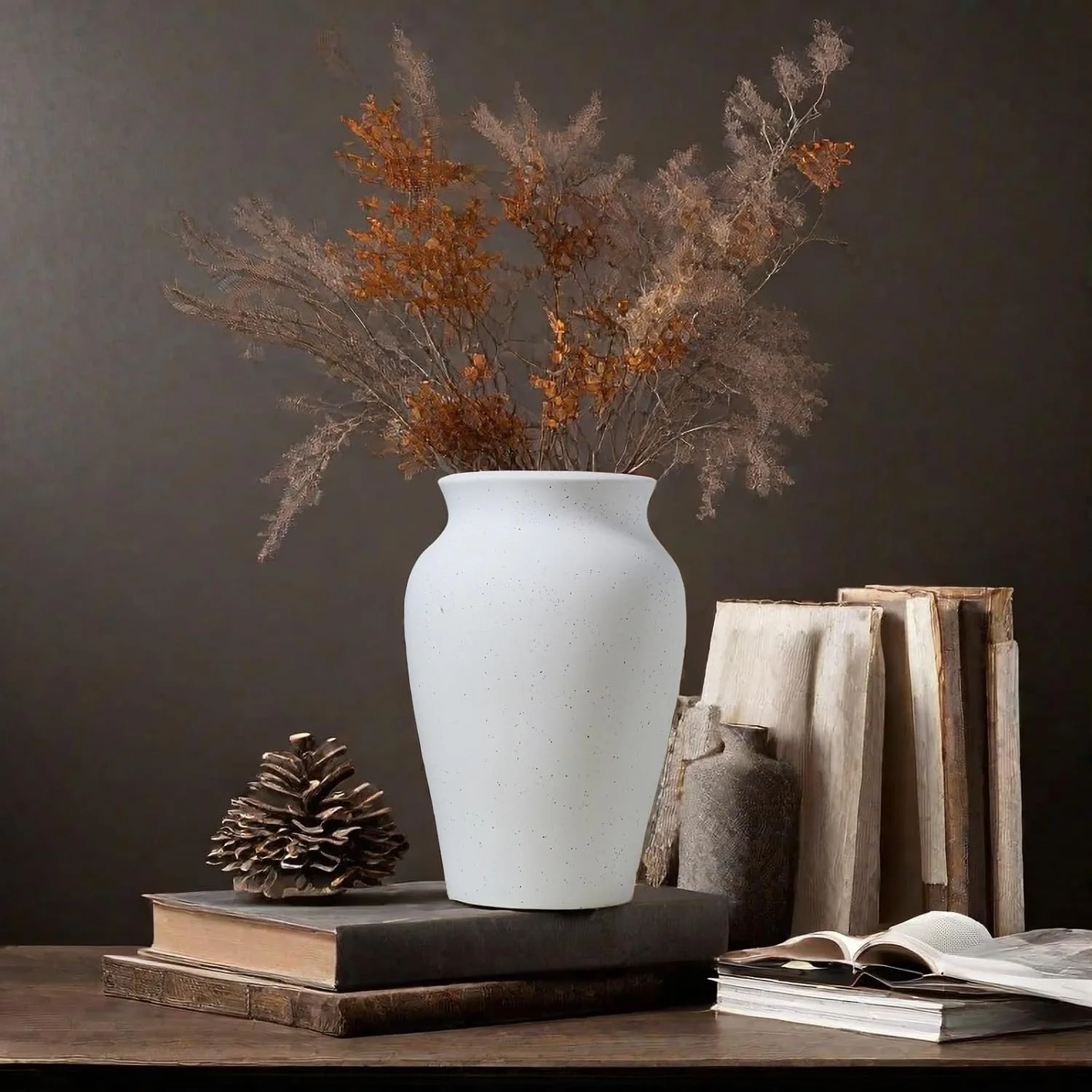 9 Inch Farmhouse White and Washed Terra Cotta Ceramic Vase
