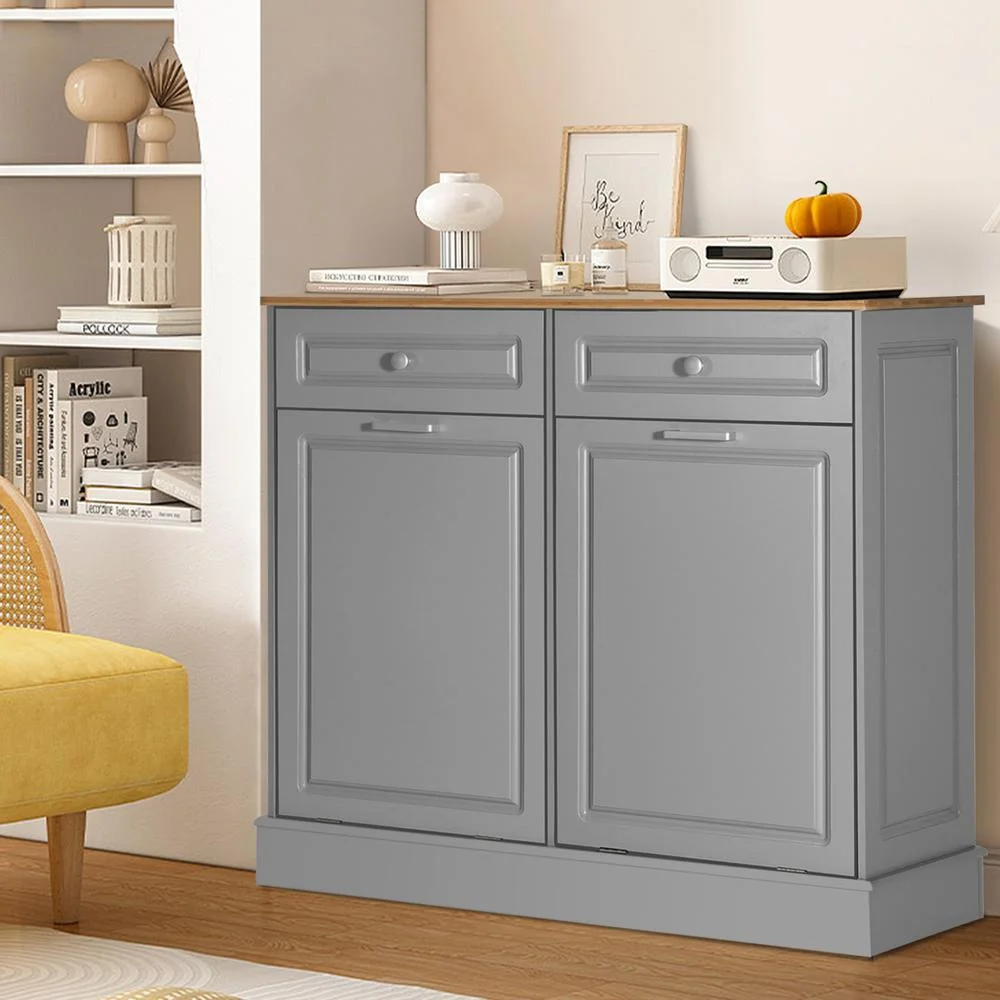 Eclife 20 Gallons Double Tilt Out Trash Cabinet Wood Tabletop, Upgrade Gray, WB010GY - Image 14