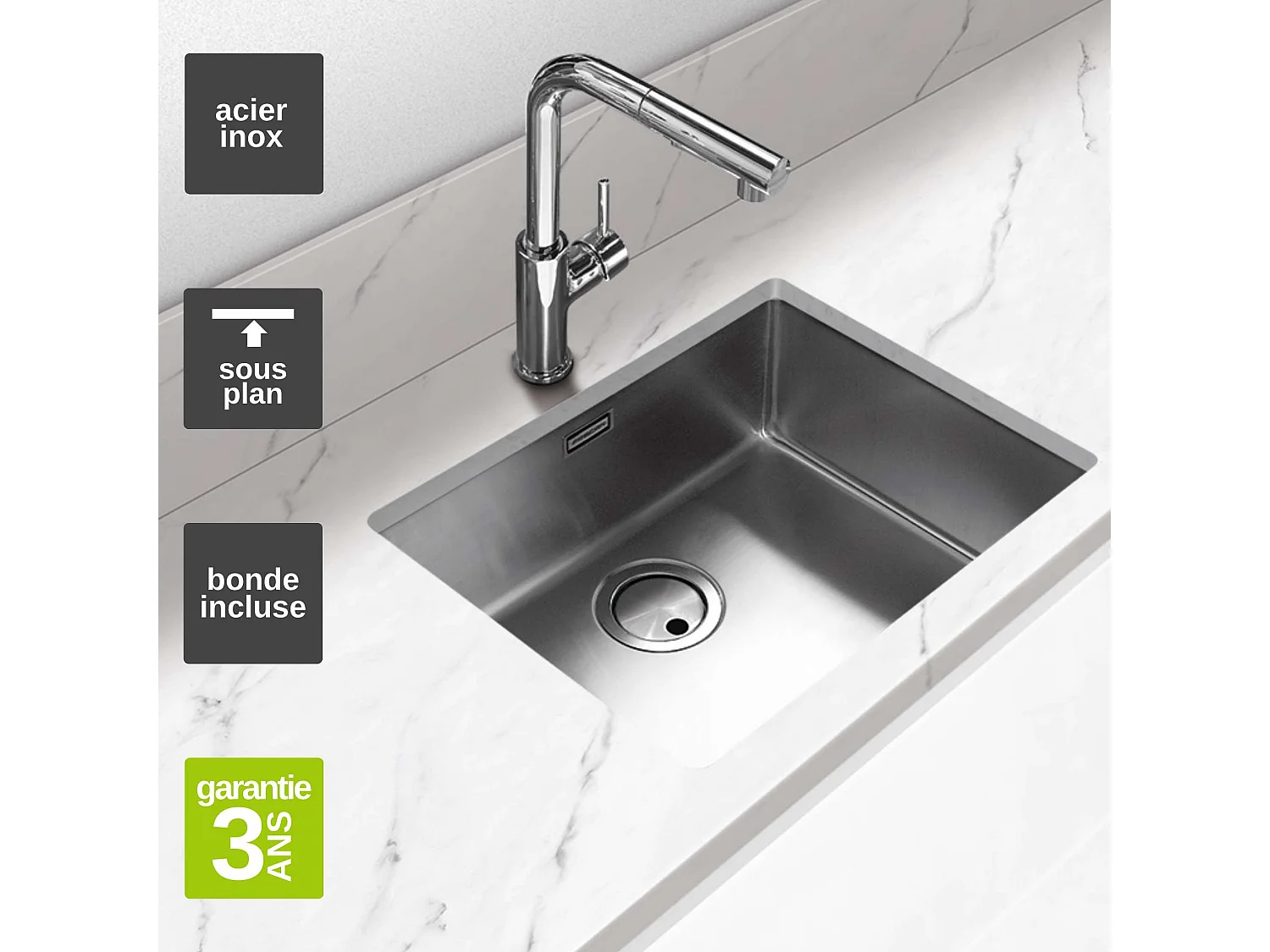 Évier sous-plan 1 Cuve 50x40x20cm R25mm - Acier inox 18/10 -  ZNTop FRÉCAN