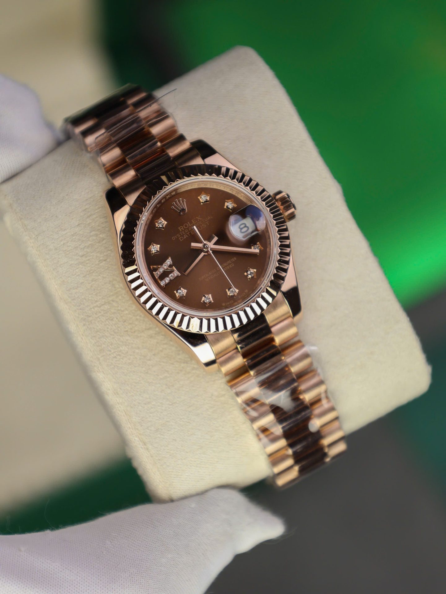 Rolex DateJust Women Copies Watches Gold Wrapped Chocolate Dial GM Factory 28mm - Elite Watch Atelier