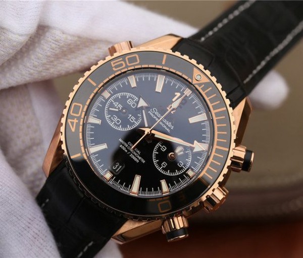 Replica Omega OMF Planet Ocean Master Chronometer RG Black Polished Bezel Black Dial Leather A9901 - Elite Watch Atelier