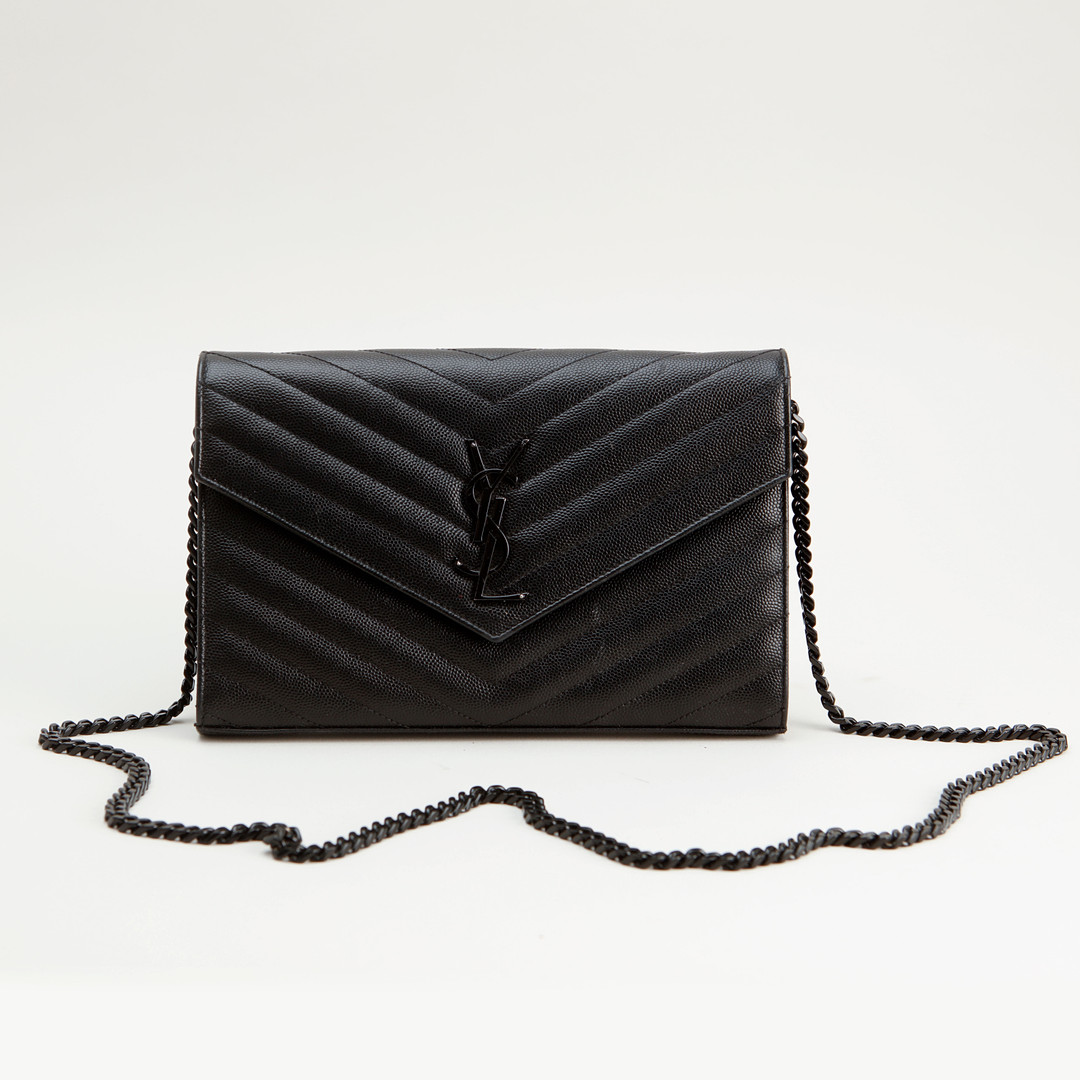 Saint Laurent Cassandre Envelope Chain Wallet in Matelassé Leather – So Black - COZYMIZE