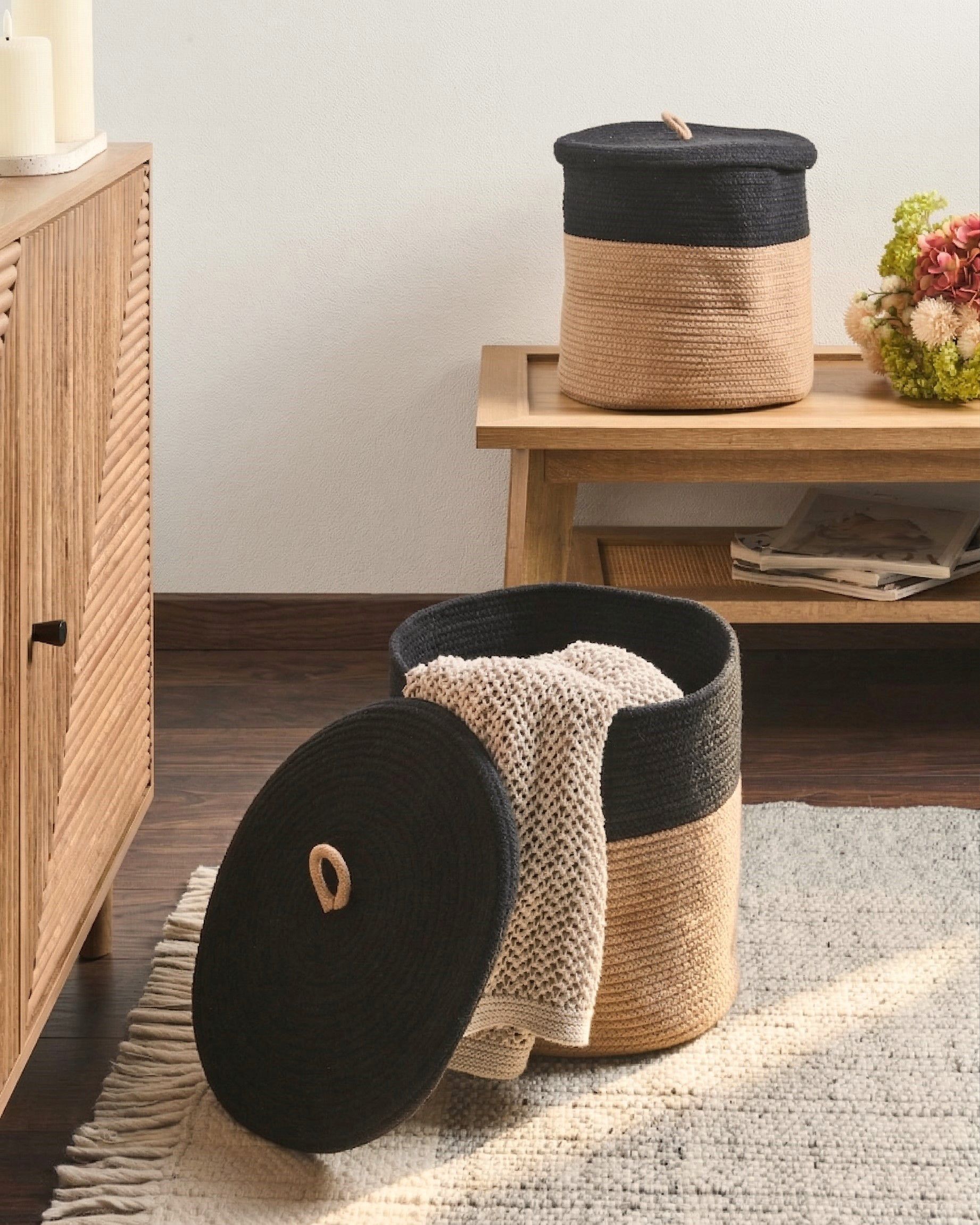 Set of 2 Baskets SILOPI Cotton Black/ Beige