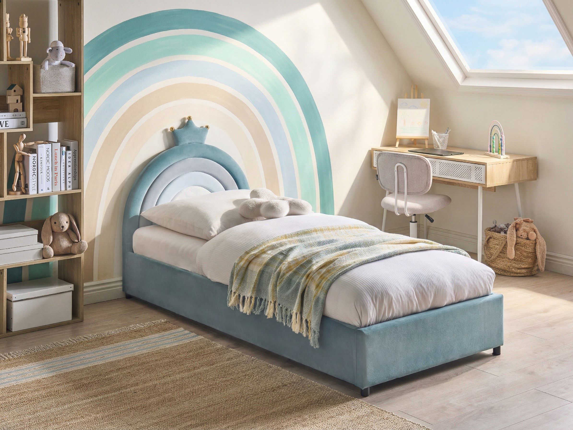 Kids Ottoman Bed Crown Velvet GRISETOT 90 x 200 cm (EU Single) Blue