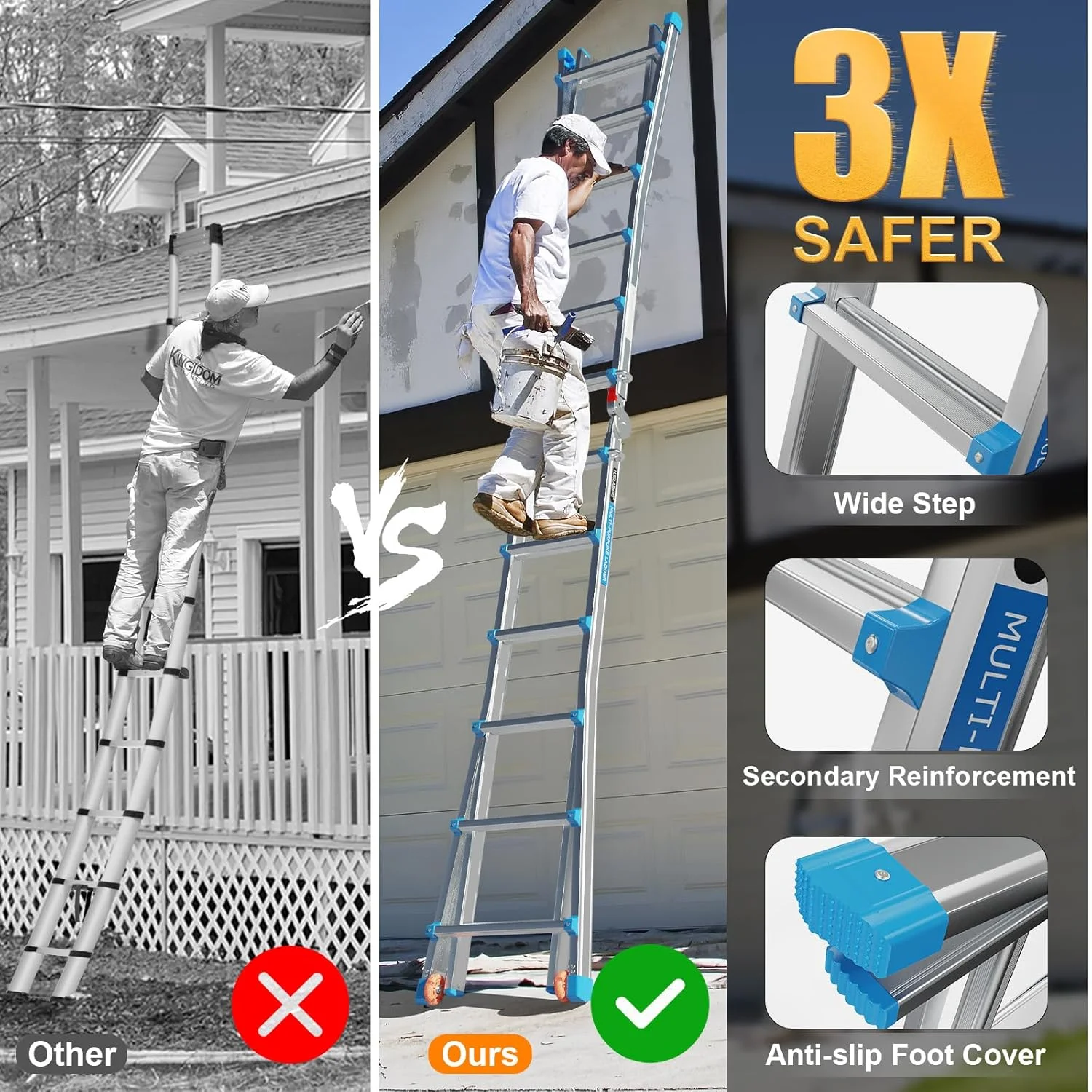 LUISLADDERS Ladder, A Frame 6 Step Ladder Telescoping Ladder, 22 Ft Reach Height Muti Position Folding Ladder Flared Leg & Wheels Design, 330 lbs Capacity Extension Ladder for Household Outdoor Work - Image 9