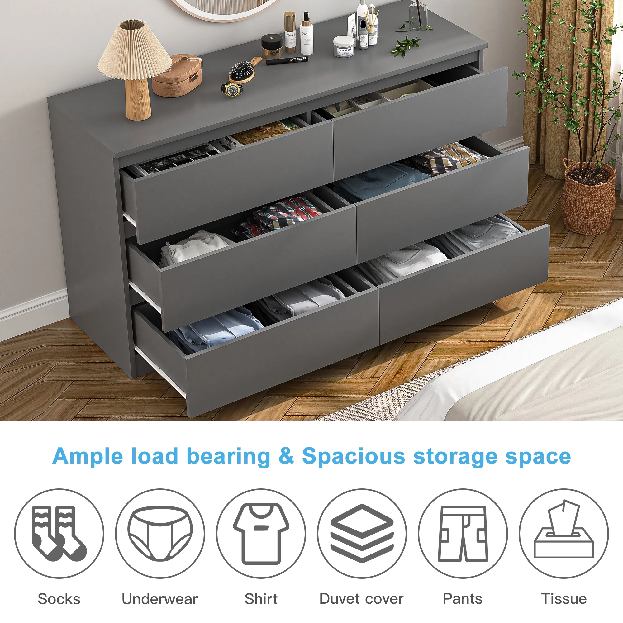 Kadyn White Chest of Drawer, 6 Double Drawer Dresser for Bedroom, Modern Storage Cabinet for Living Room, Dresser - Image 136