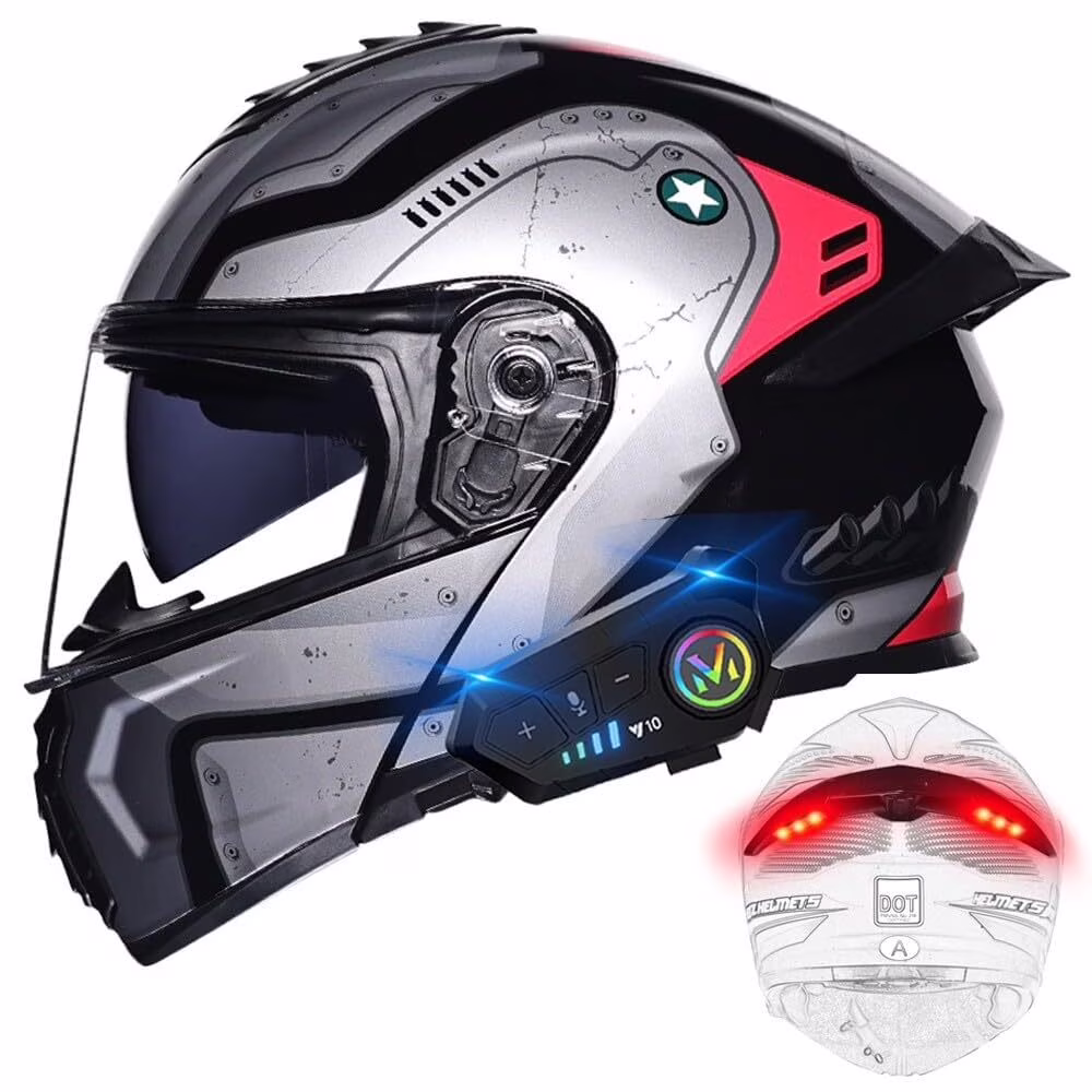 Bluetooth Modular Motorcycle Helmets with Tail Lights, DOT Approved Flip Up Full Face Dual Visor Motorcycle Helmet, with Dual Speakers and Microphone HA - Image 12