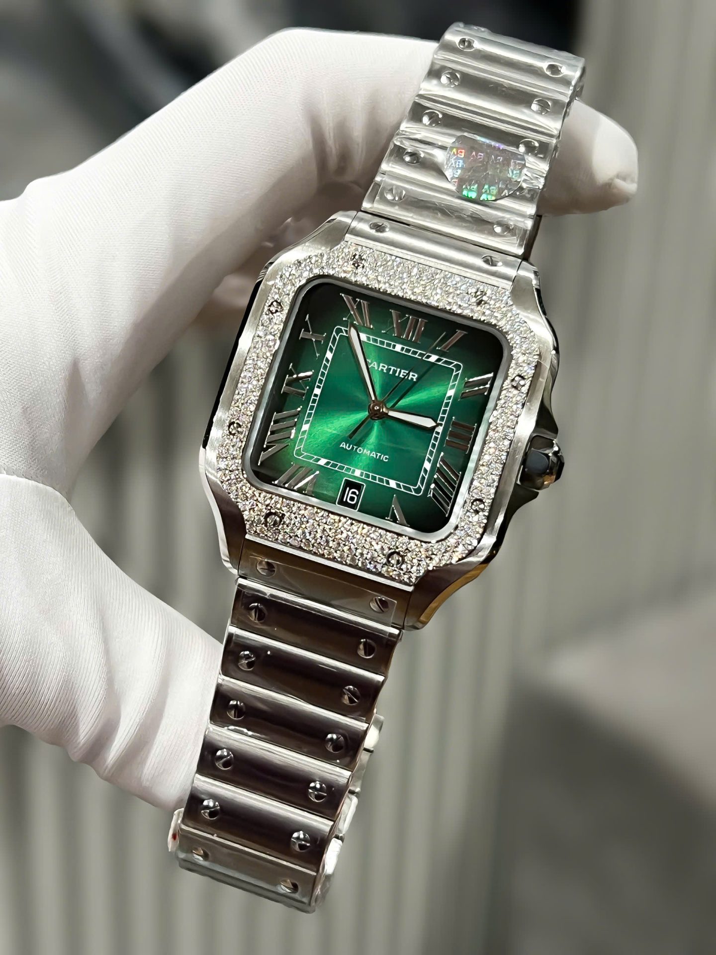 Cartier Santos Replica Watch Custom Moissanite Diamonds Dial Green BV Factory 39.8mm - Top club