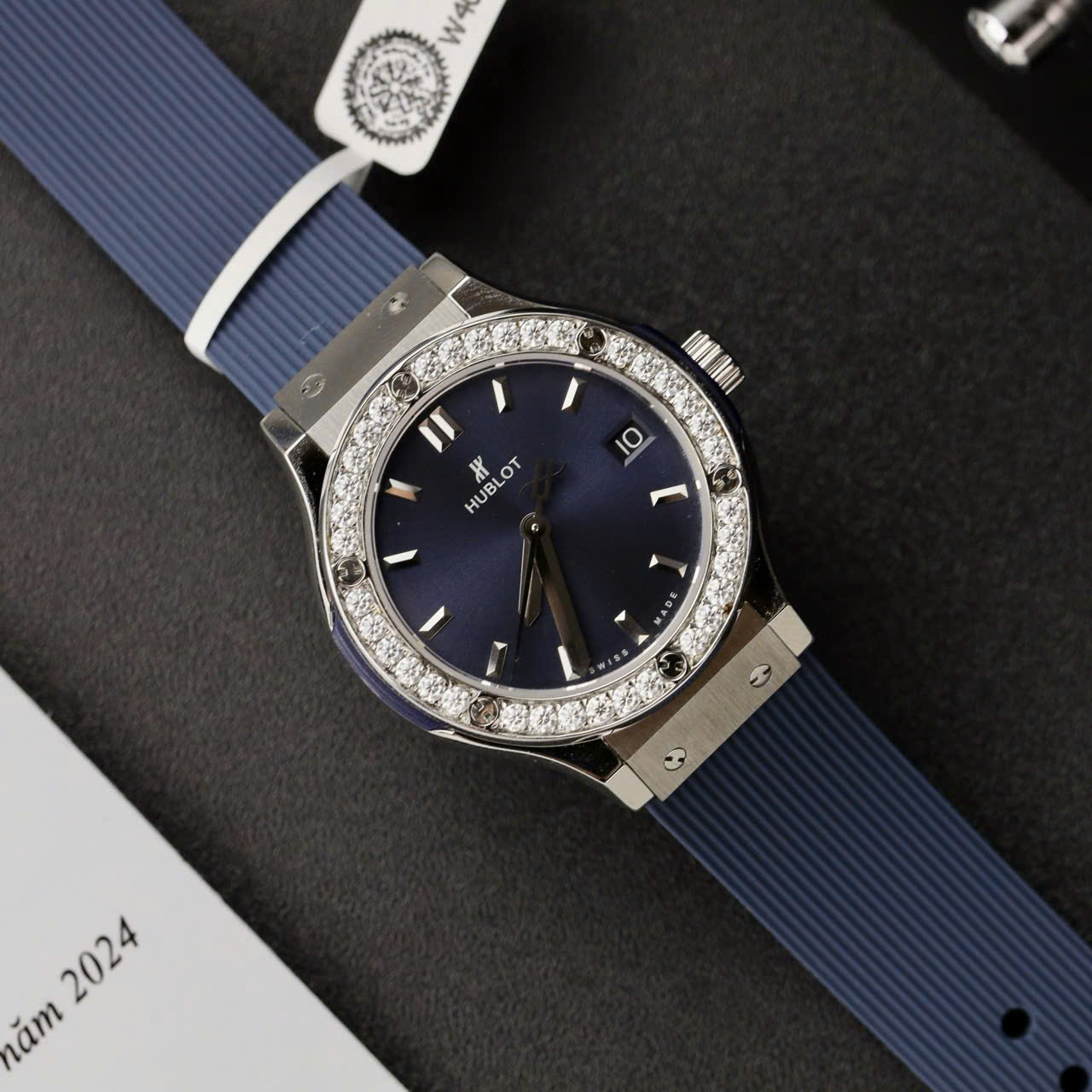 Hublot Classic Fusion Titanium Dial Blue Replica Watch Custom Moissanite Diamonds 33mm - Top club