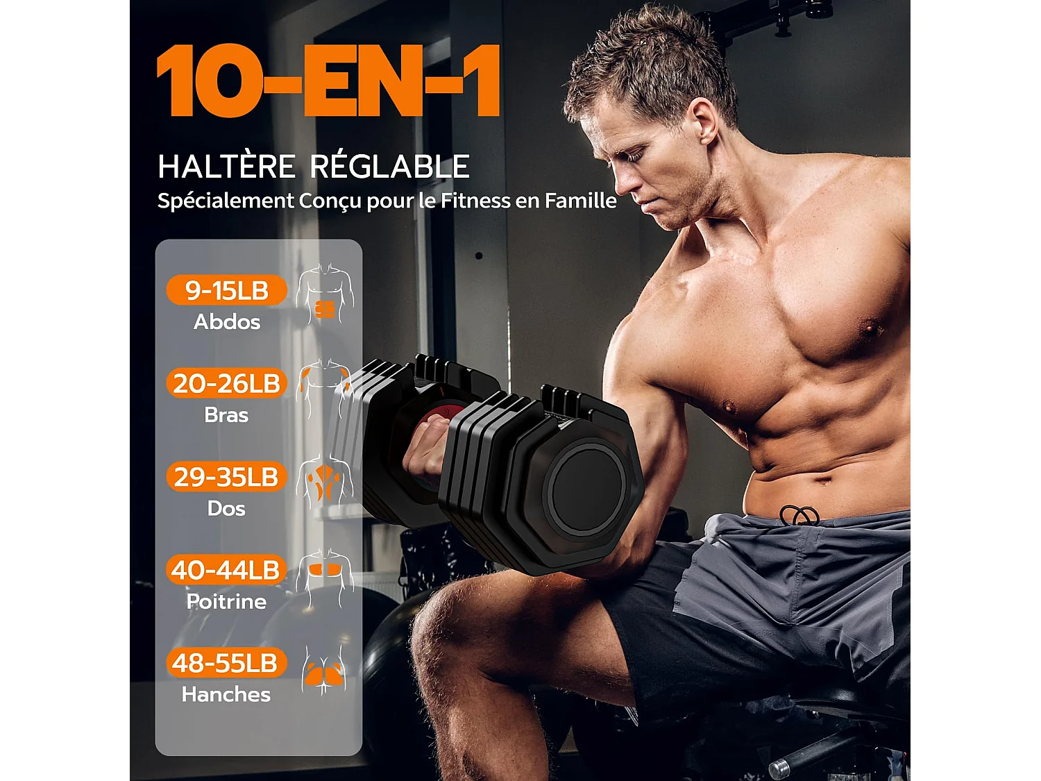Haltères réglables 2-24,5kg, 5/10 en 1 avec base de rangement, idéals musculation, haltérophilie, entraînement maison et salle de sport