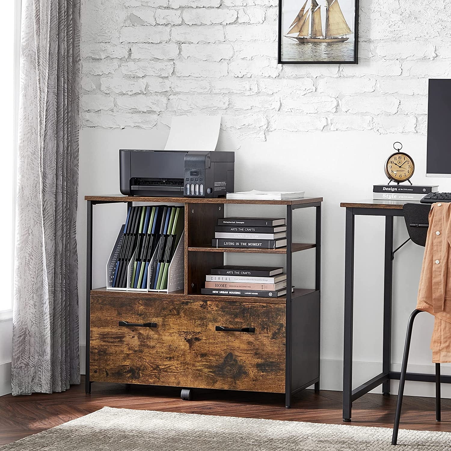 VASAGLE Lateral File Cabinet for Home Office, Filing Cabinet with Open Shelves and Drawer, Rustic Brown and Black