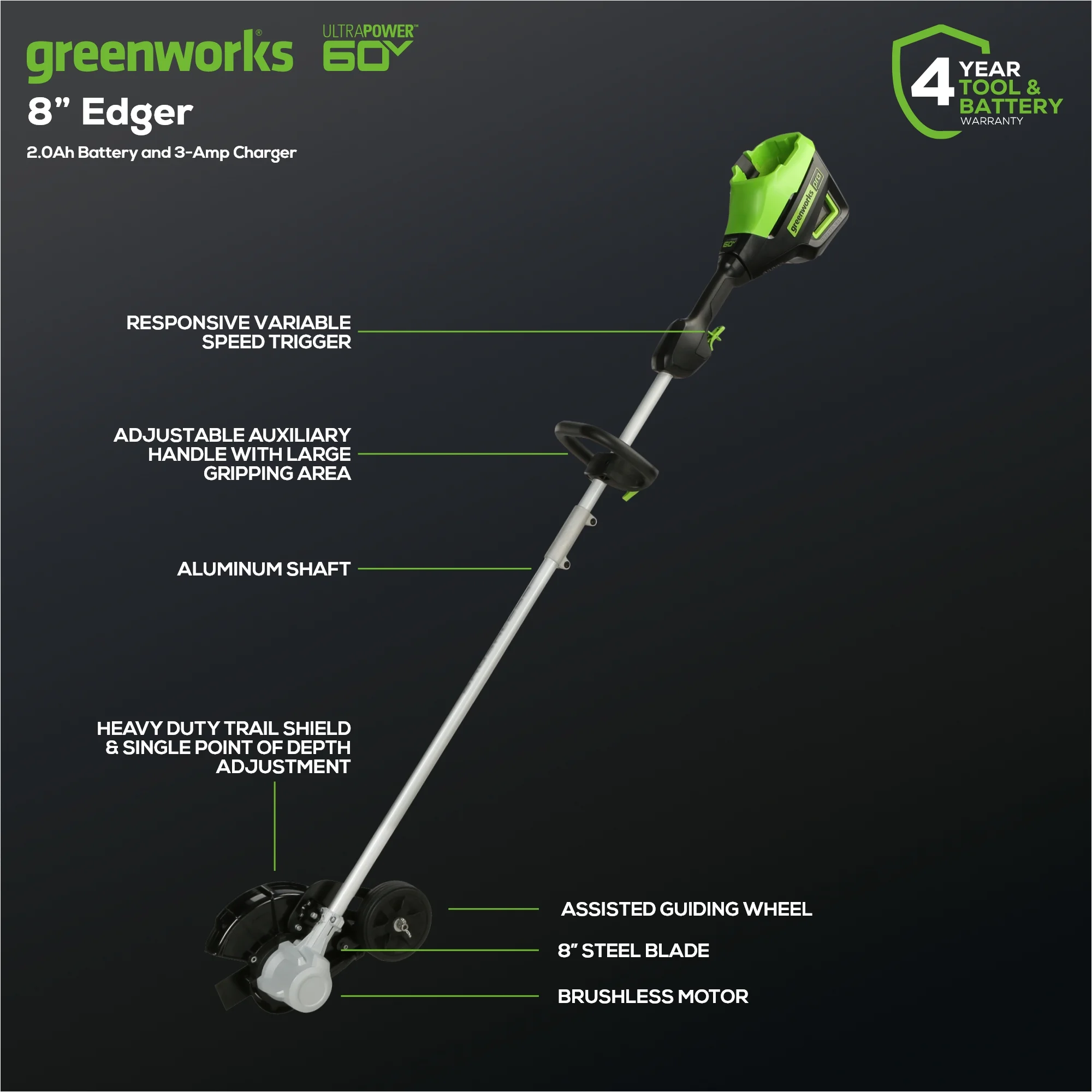 Greenworks 60V 8" Brushless Cordless Edger, 2.0 Ah Battery and Charger Included - Image 15