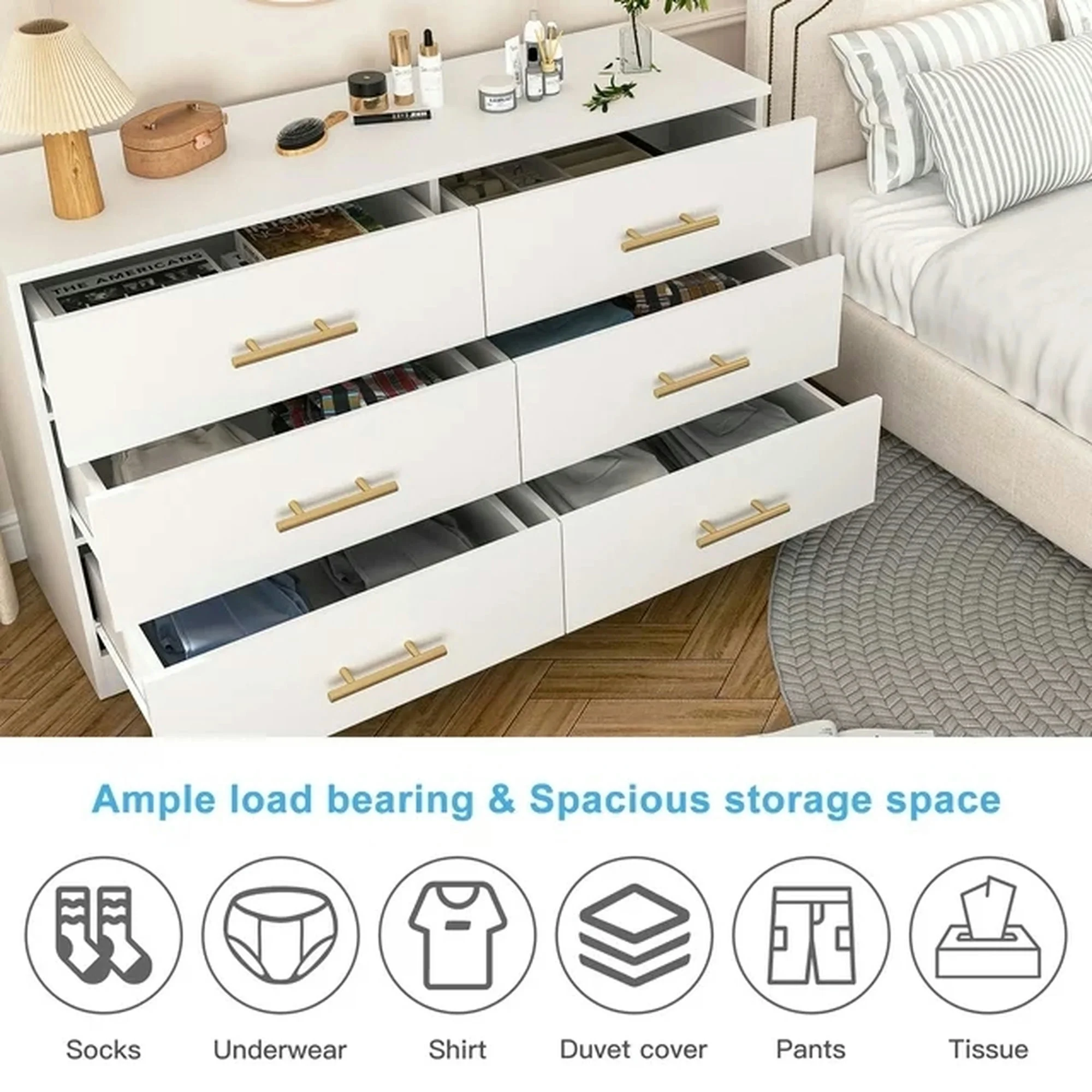 Kadyn White Chest of Drawer, 6 Double Drawer Dresser for Bedroom, Modern Storage Cabinet for Living Room, Dresser - Image 25