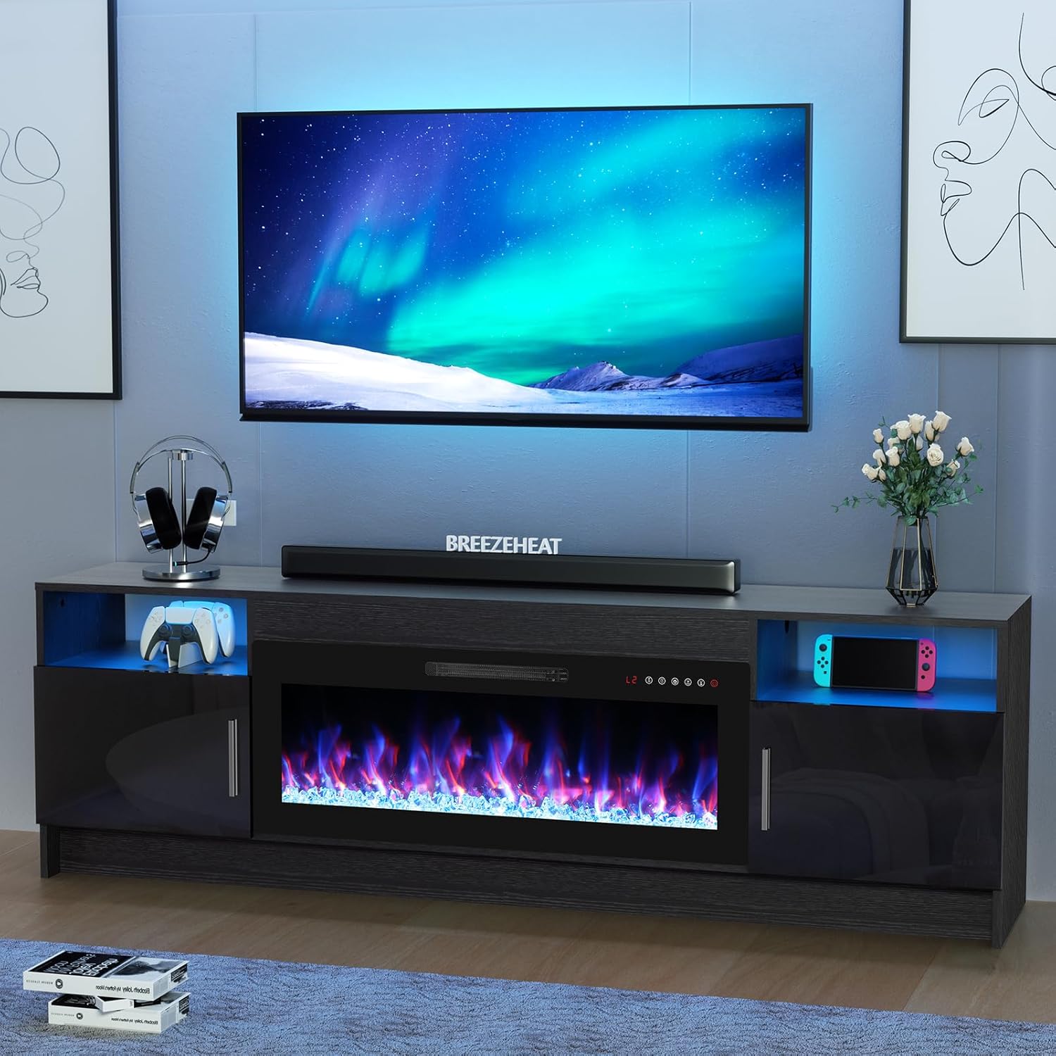 BREEZEHEAT Electric Fireplace TV Stand with 36 inch Fireplace Up to 80