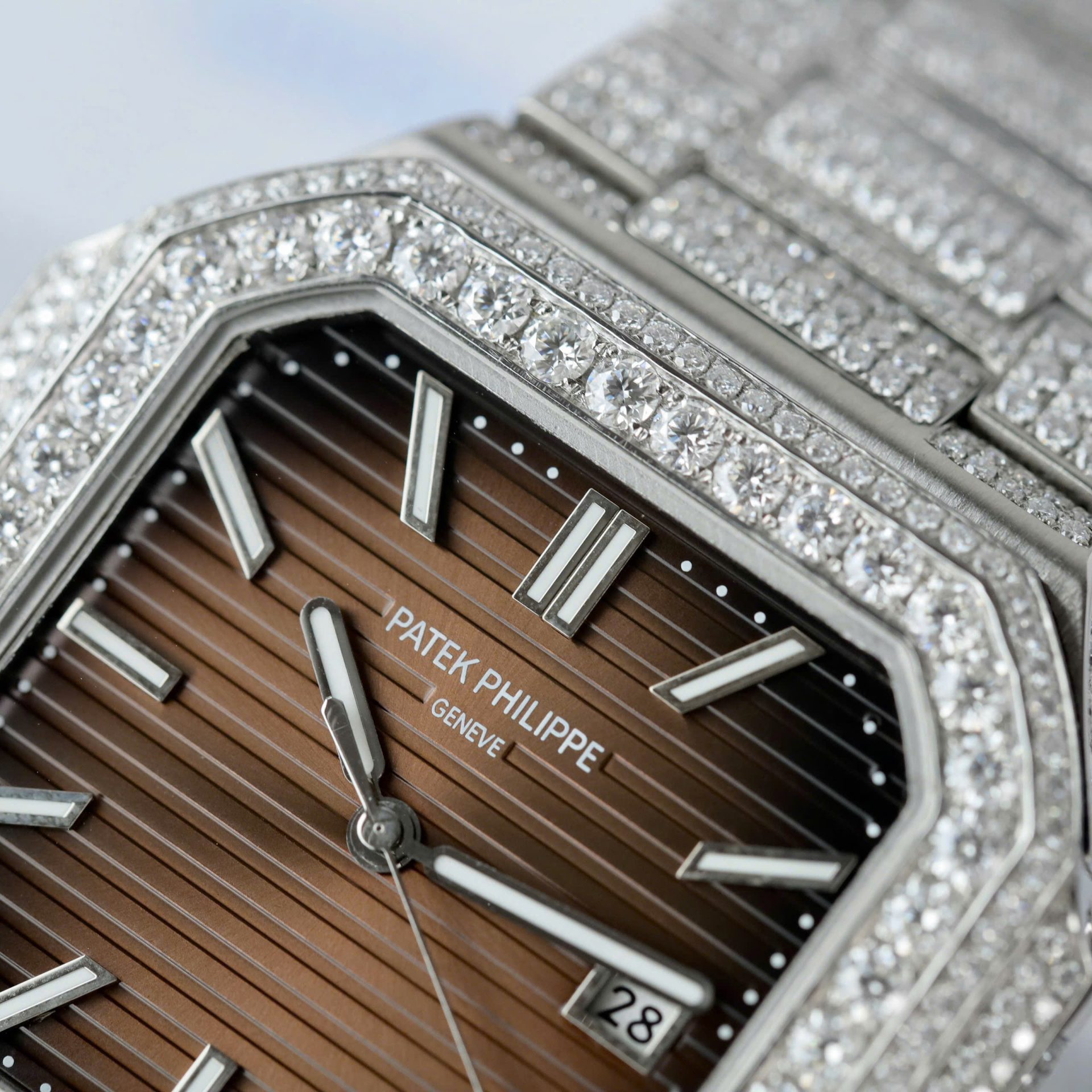 Patek Philippe Cubitus 5821 Dial Brown Replica Watch Full Diamonds Moissanite Hong Kong 45mm - Top club