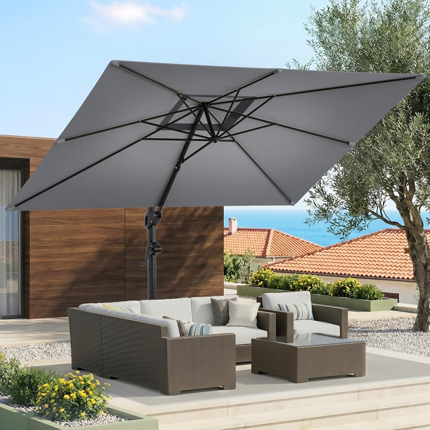 HOMSHADE Cantilever Patio Umbrella, 9x12FT, Grey, Aluminum, 360 Degree Rotation, 6 Tilts HOMSHADE Cantilever Patio Umbrella, 9x12FT, Grey, Aluminum, 360 Degree Rotation, 6 Tilts