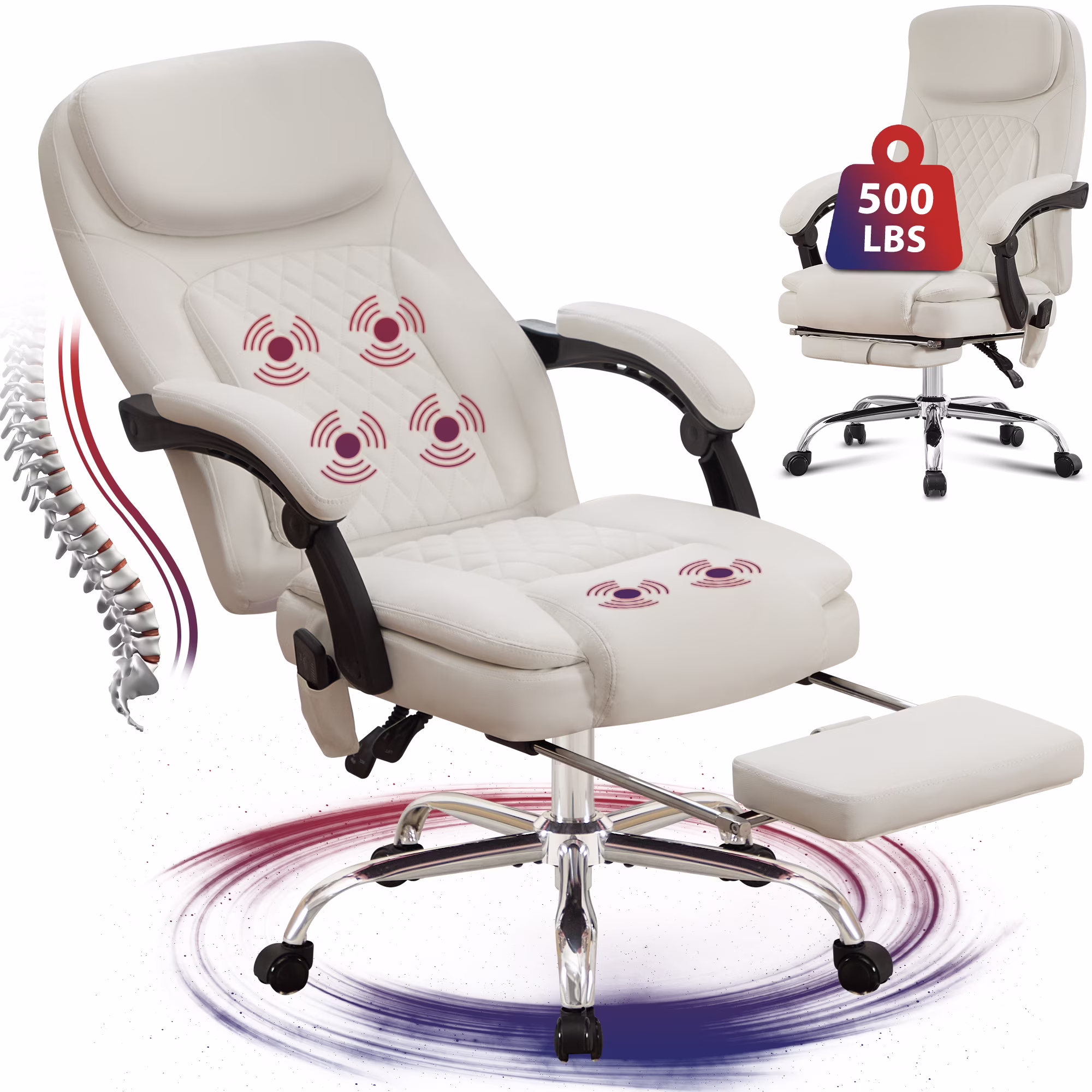 JONPONY Big and Tall Office Chair 500LBS Executive Office Chair Massage and Footrest Ergonomic Computer Desk Chair Reclining High Back Leather Office Chair Lumbar Back Support Swivel Rolling,Black - Image 9