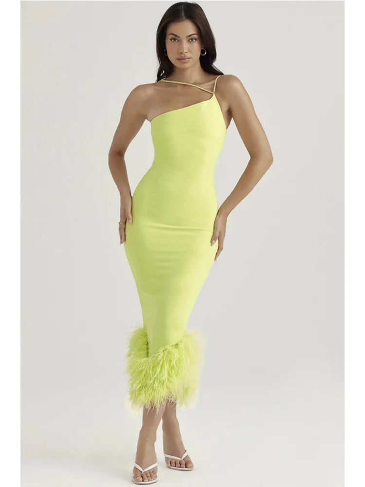 Elegant Spaghetti Strap Feather Midi Dress For Women Robe Fashion Sexy Backless Bodycon Club Party Dress Vestido - AZJHJ