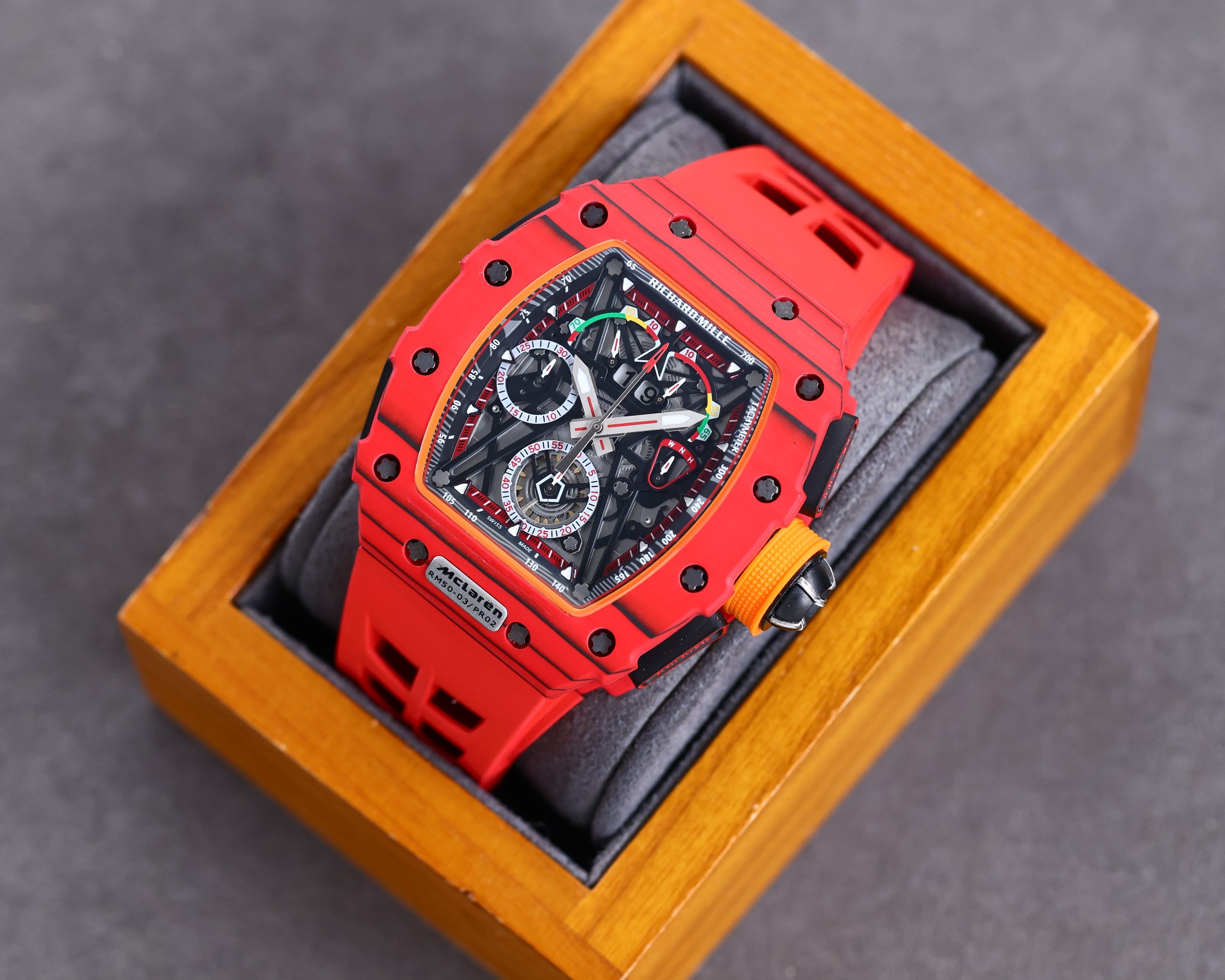 Best Richard Mille RM 50-03 Mclaren Replica Red Strap Watch For Men �C Red Carbon Skeleton Dial with Swiss Movement - Top club