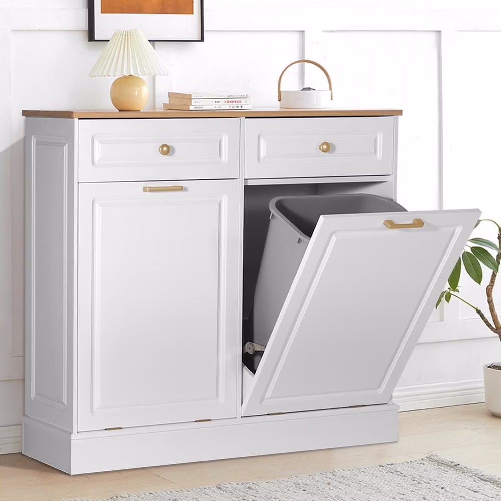 Eclife 20 Gallons Double Tilt Out Trash Cabinet Wood Tabletop, Upgrade Gray, WB010GY - Image 5