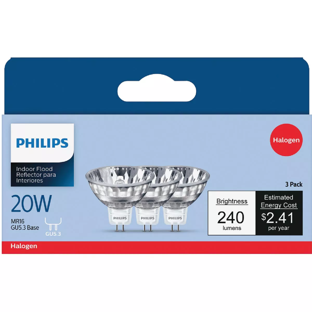Philips 20W Clear GU5.3 Base MR16 Halogen Floodlight Light Bulb (3-Pack)