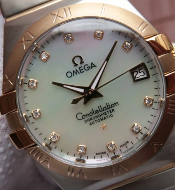 Replica Omega V6 Constellation 35mm White MOP Dial YG Bezel Diamonds Markers SS Bracelet A2500 - Top club