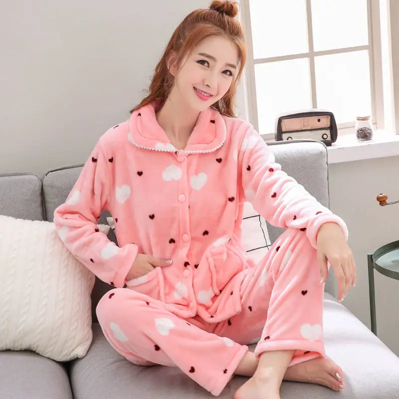 Warme Fleece Pyjama Dames van Koraal Fluweel voor Herfst en Winter