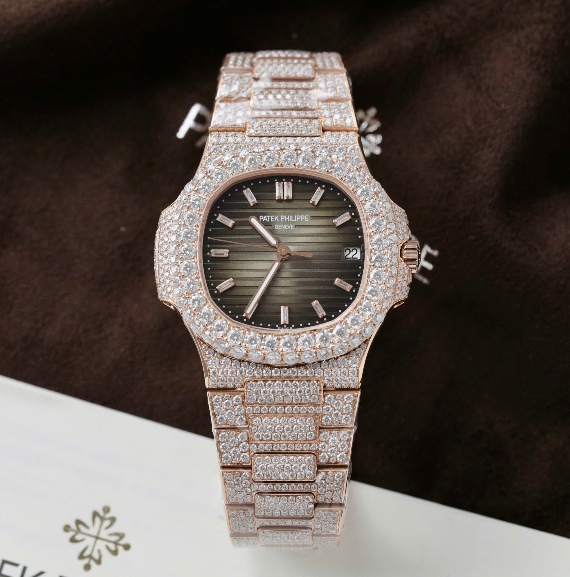 Patek Philippe Nautilus 5711 Replica Watch Gold Wrapped + Moissanite Diamonds Hong Kong Custom 40mm - Elite Watch Atelier
