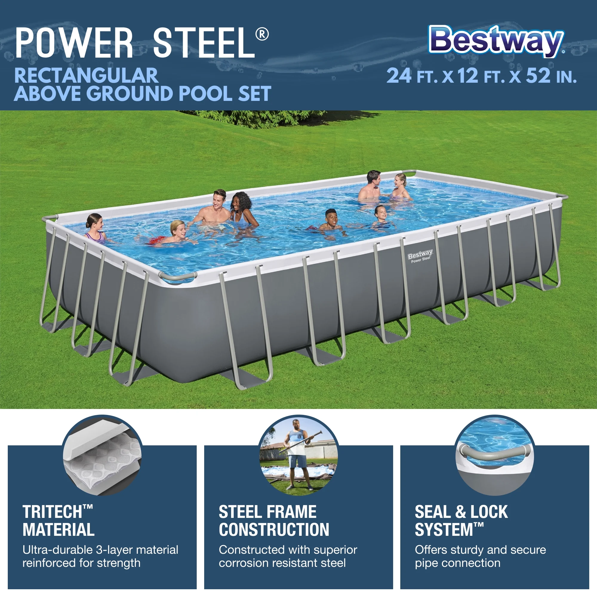 Bestway 24' x 12' x 52" Rectangular Frame Above Ground Swimming Pool Set - Image 4